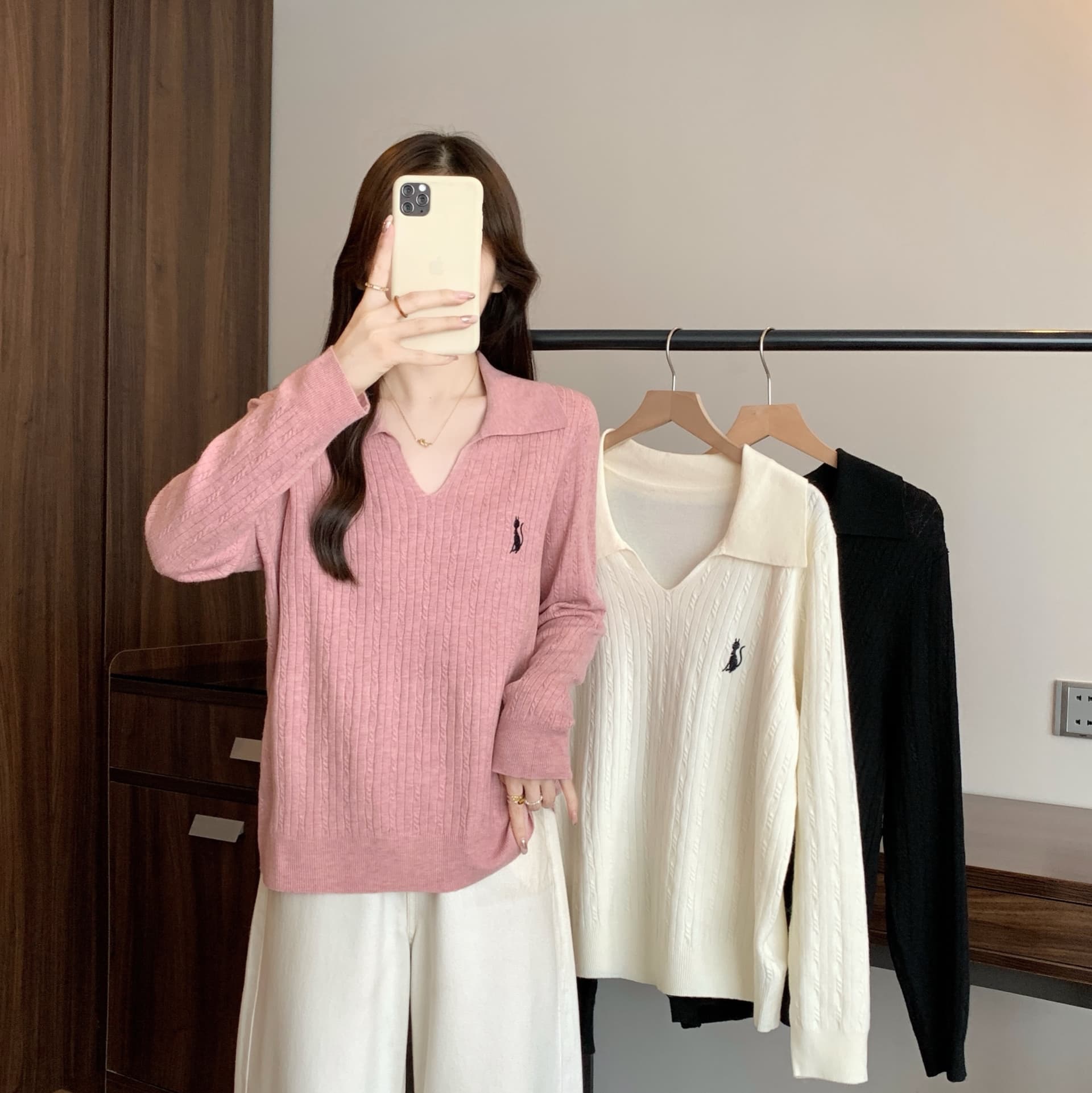 실사 2026 봄 새로운 지방 mm 빅 사이즈 여성 POLO 칼라 자수 니트 스웨터 디자인 센스 부드러운 찹쌀 예쁜 스웨터 이미지 2