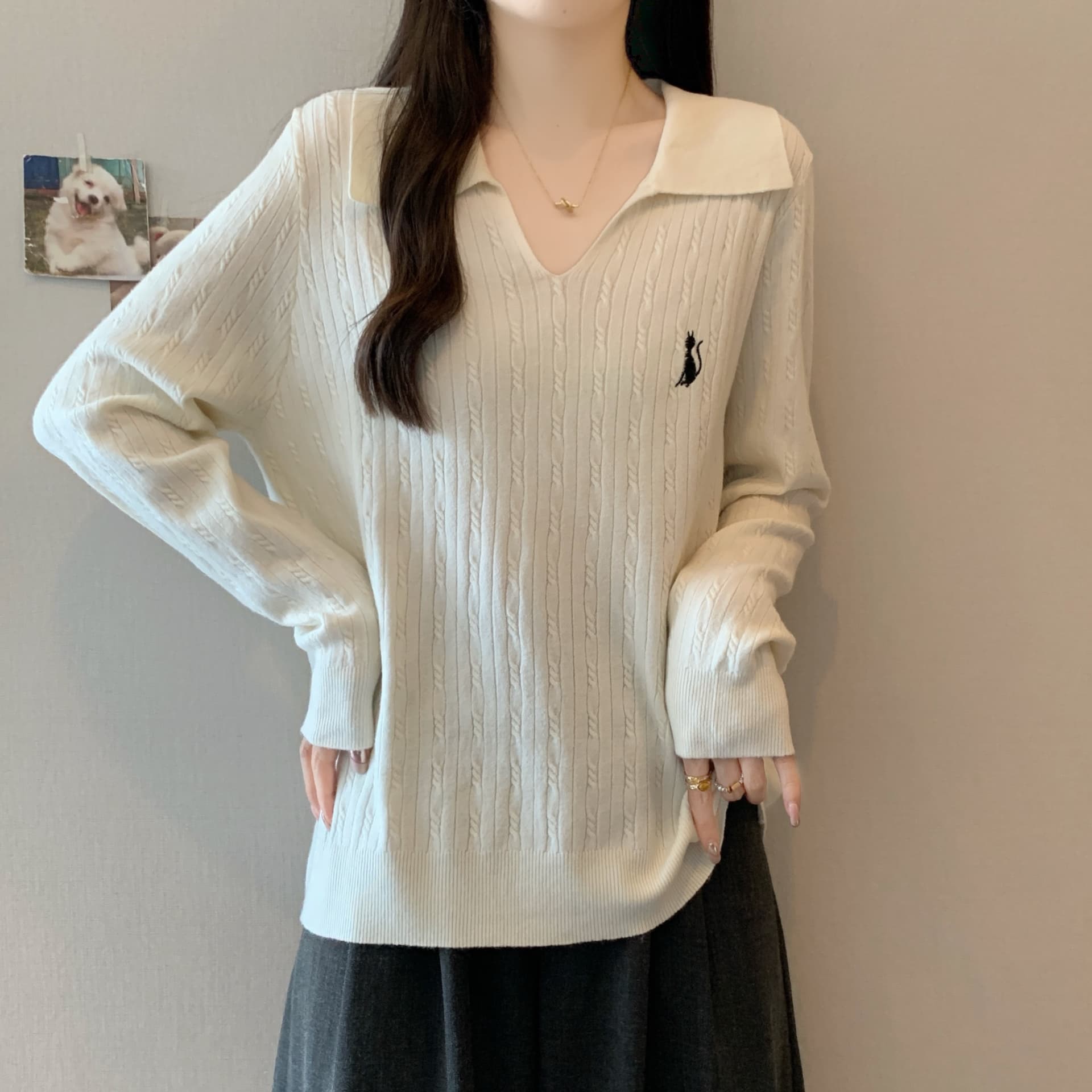 실사 2026 봄 새로운 지방 mm 빅 사이즈 여성 POLO 칼라 자수 니트 스웨터 디자인 센스 부드러운 찹쌀 예쁜 스웨터 상세 이미지 8