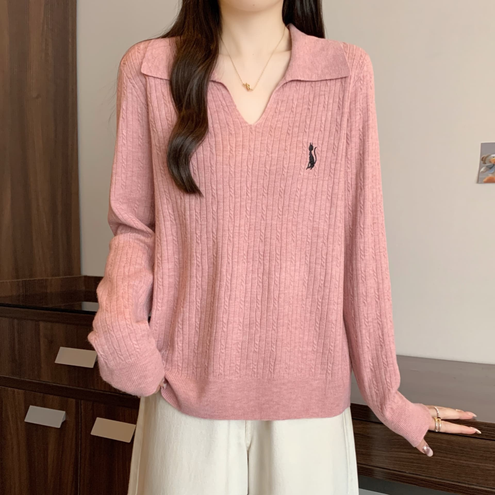 실사 2026 봄 새로운 지방 mm 빅 사이즈 여성 POLO 칼라 자수 니트 스웨터 디자인 센스 부드러운 찹쌀 예쁜 스웨터 상세 이미지 23