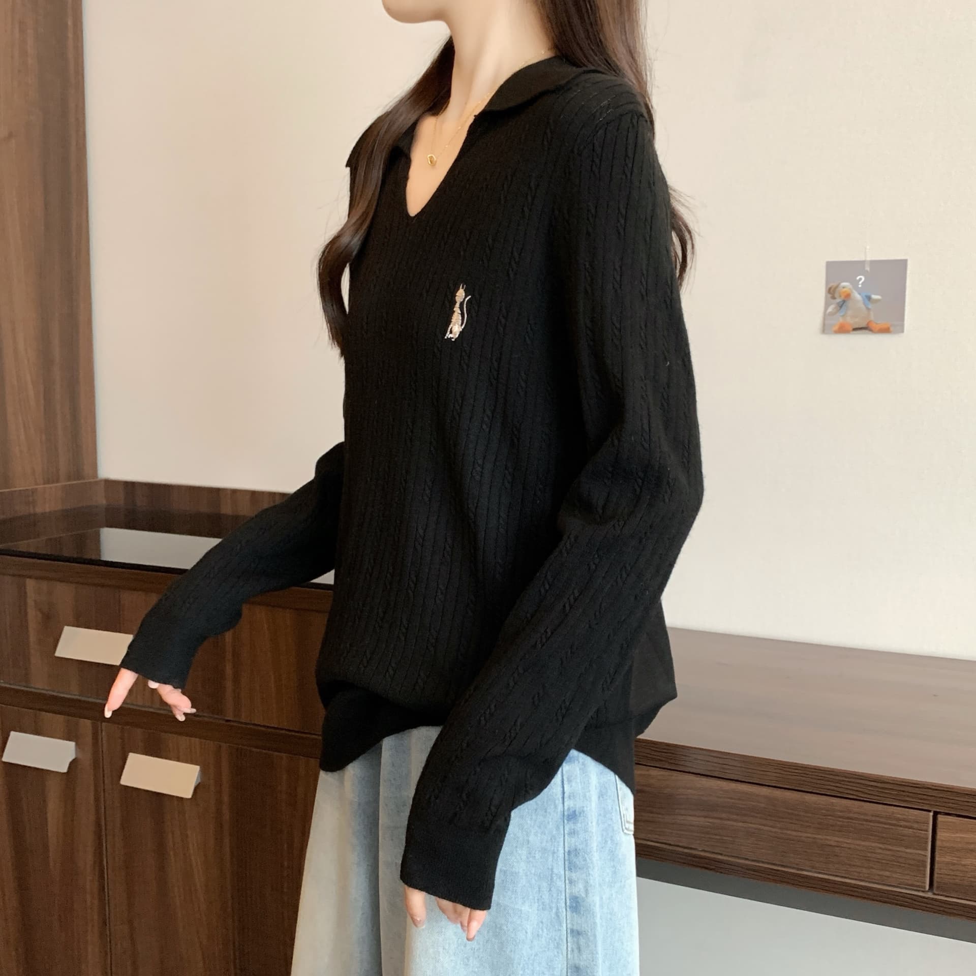 실사 2026 봄 새로운 지방 mm 빅 사이즈 여성 POLO 칼라 자수 니트 스웨터 디자인 센스 부드러운 찹쌀 예쁜 스웨터 상세 이미지 32