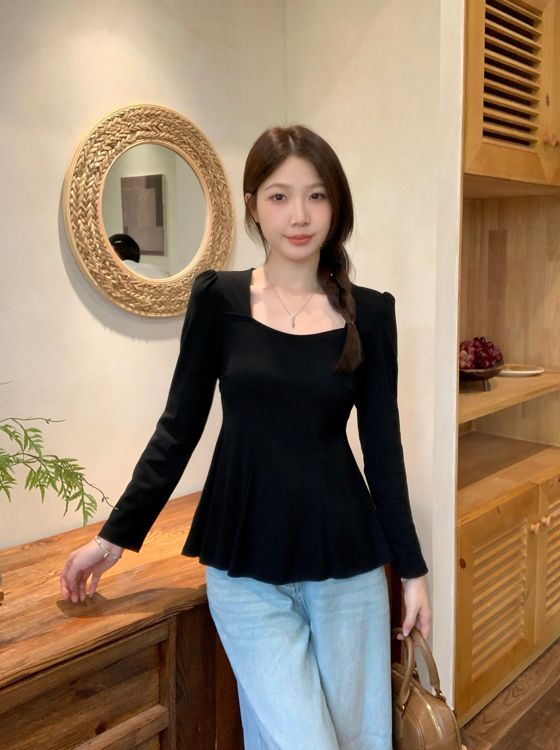 실사 2026 가을 새로운 지방 mm 빅 사이즈 허리 수축 플리츠 밑단 긴팔 티셔츠 순수한 욕망 광장 칼라 긍정적 인 어깨 의류 상세 이미지 19
