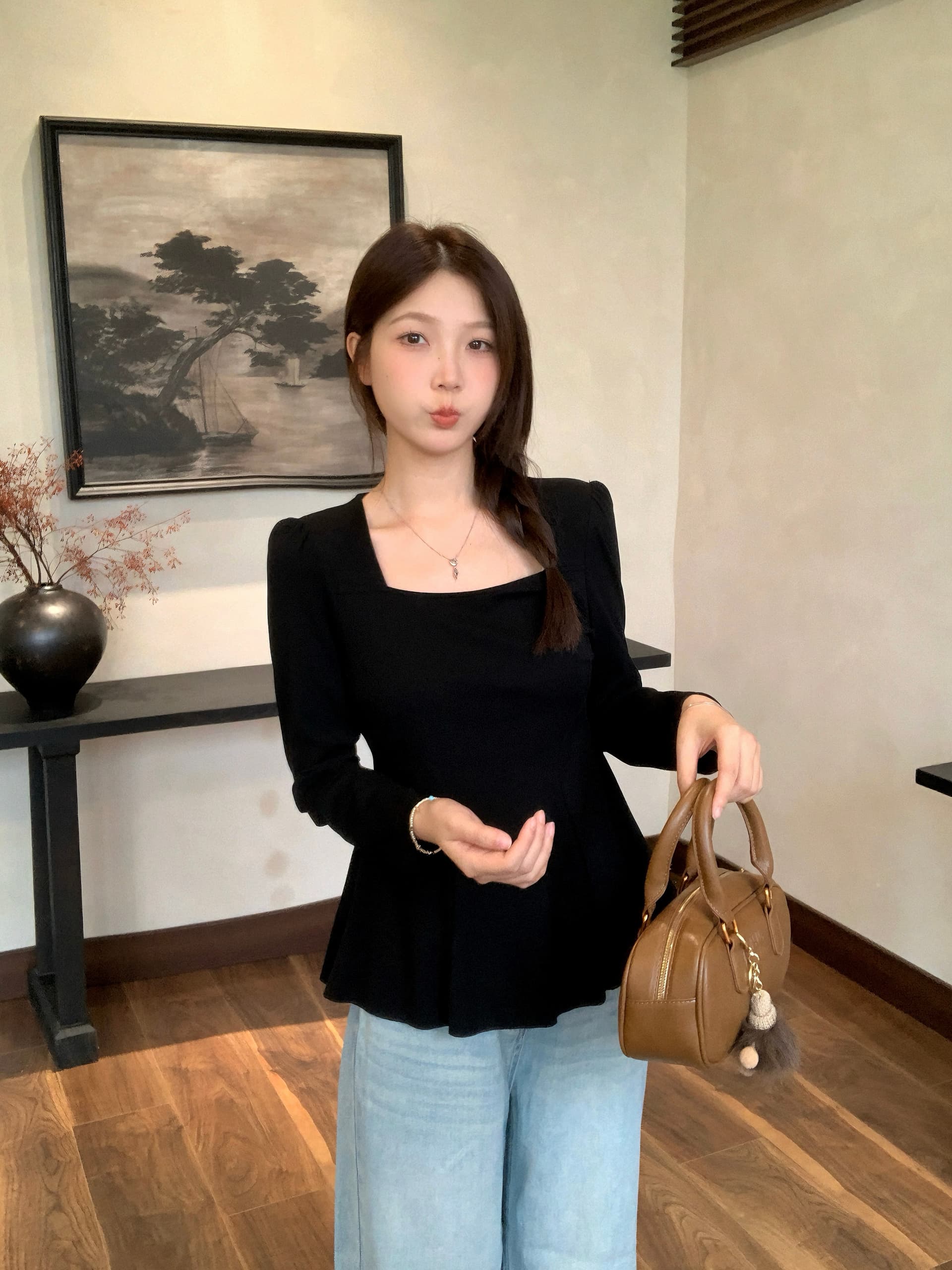 실사 2026 가을 새로운 지방 mm 빅 사이즈 허리 수축 플리츠 밑단 긴팔 티셔츠 순수한 욕망 광장 칼라 긍정적 인 어깨 의류 상세 이미지 20