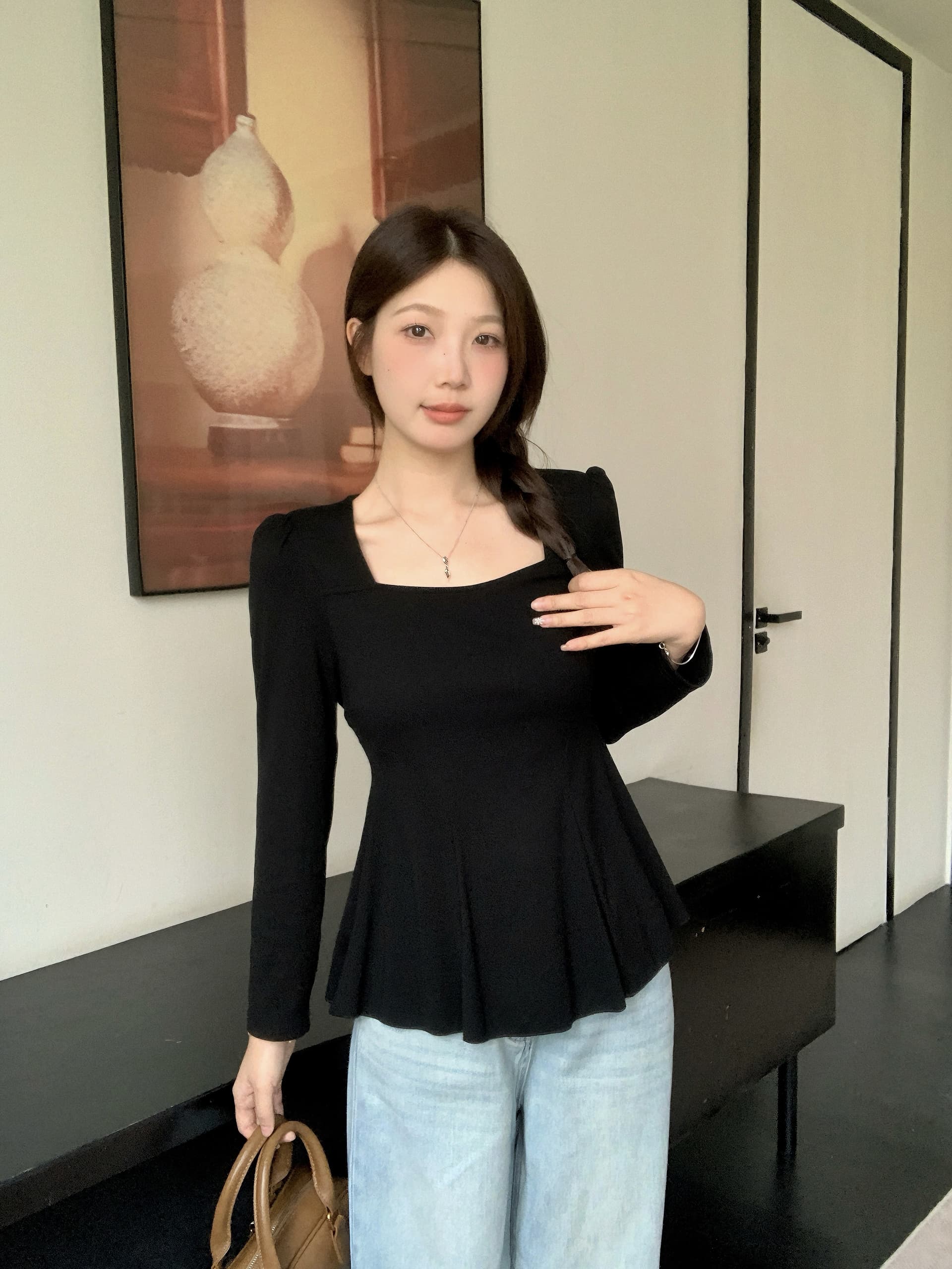 실사 2026 가을 새로운 지방 mm 빅 사이즈 허리 수축 플리츠 밑단 긴팔 티셔츠 순수한 욕망 광장 칼라 긍정적 인 어깨 의류 상세 이미지 22