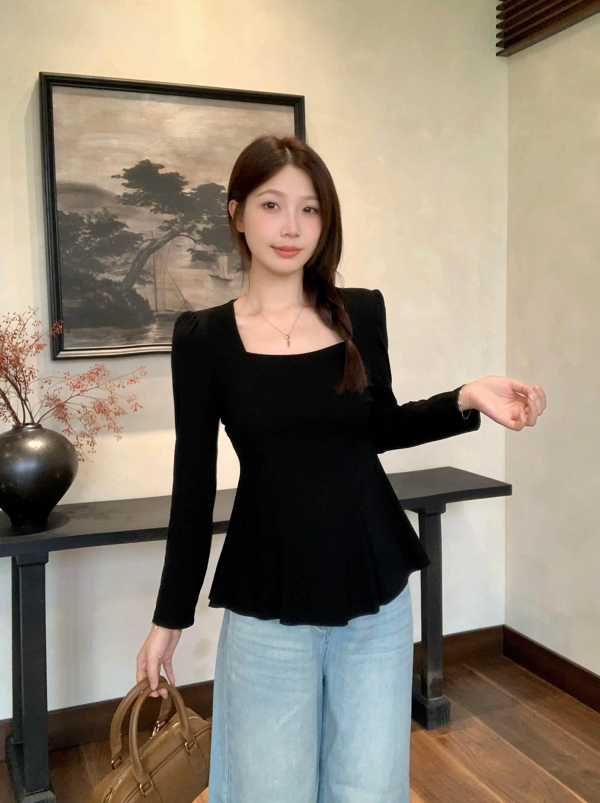 실사 2026 가을 새로운 지방 mm 빅 사이즈 허리 수축 플리츠 밑단 긴팔 티셔츠 순수한 욕망 광장 칼라 긍정적 인 어깨 의류 상세 이미지 23