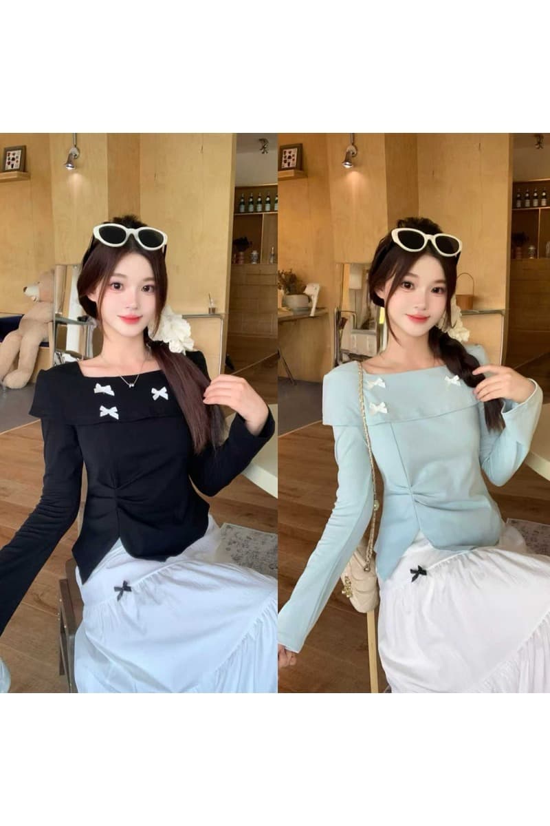 실사 2026 가을 의상 새로운 지방 mm 빅 사이즈 여성 나비 매듭 오프숄더 긴팔 티셔츠 디자인 센스 몸매 가꾸기 맨위 이미지 6
