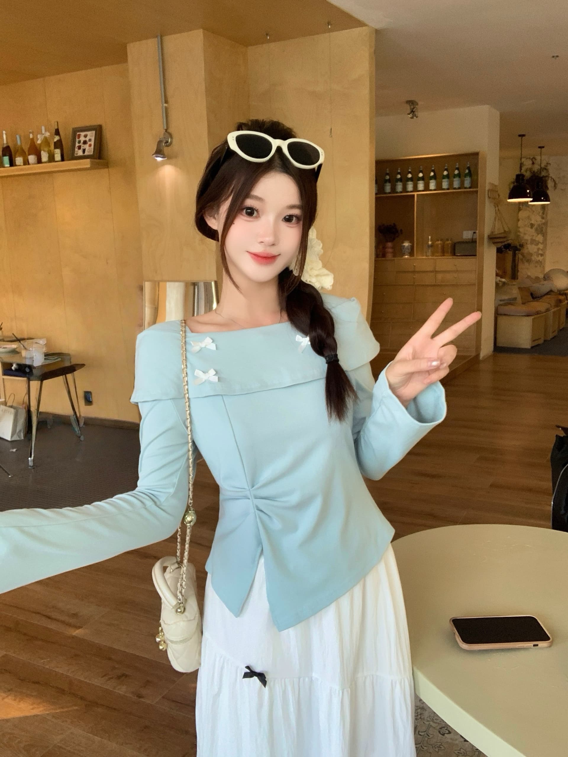 실사 2026 가을 의상 새로운 지방 mm 빅 사이즈 여성 나비 매듭 오프숄더 긴팔 티셔츠 디자인 센스 몸매 가꾸기 맨위 상세 이미지 8