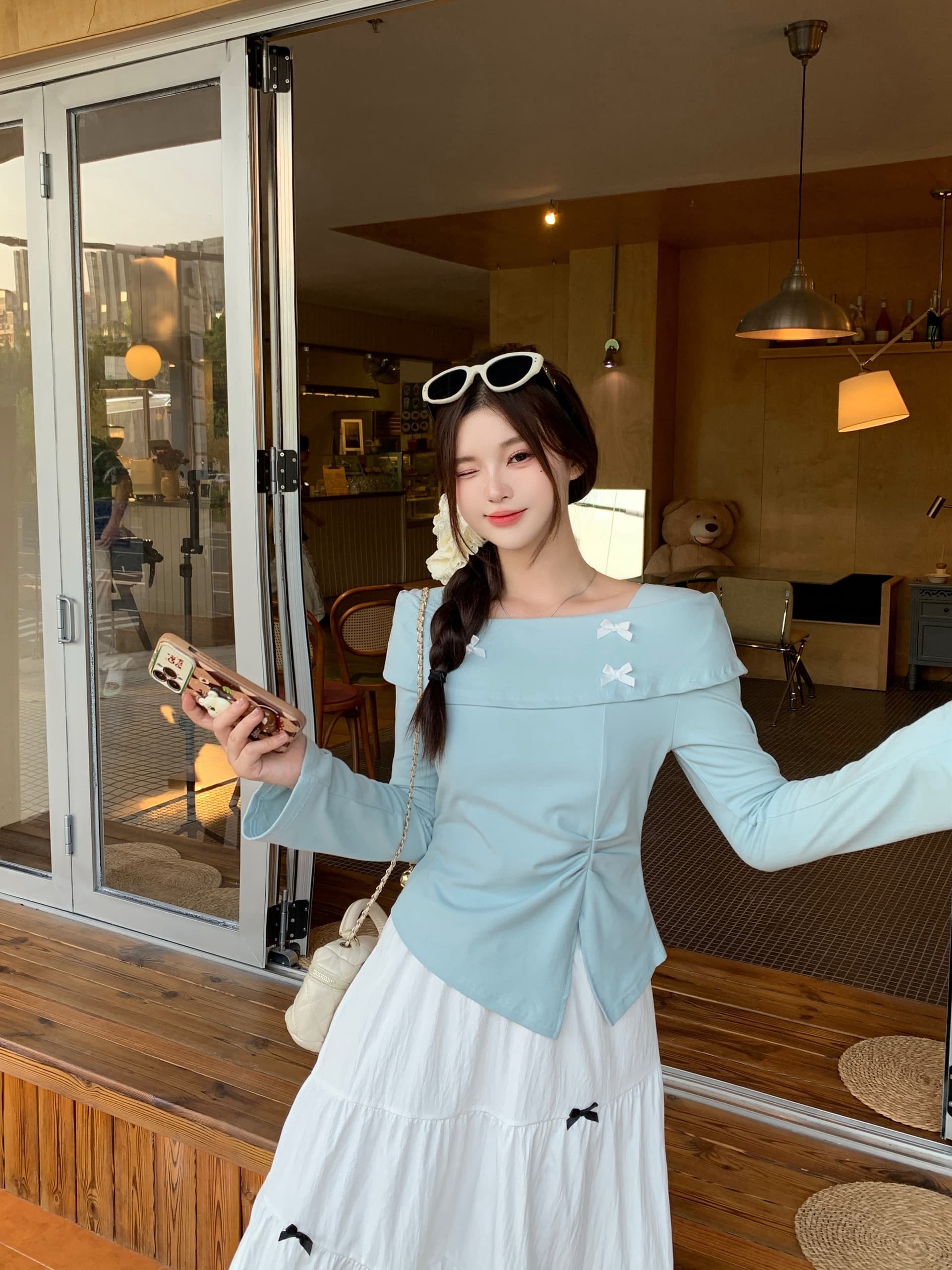 실사 2026 가을 의상 새로운 지방 mm 빅 사이즈 여성 나비 매듭 오프숄더 긴팔 티셔츠 디자인 센스 몸매 가꾸기 맨위 상세 이미지 9