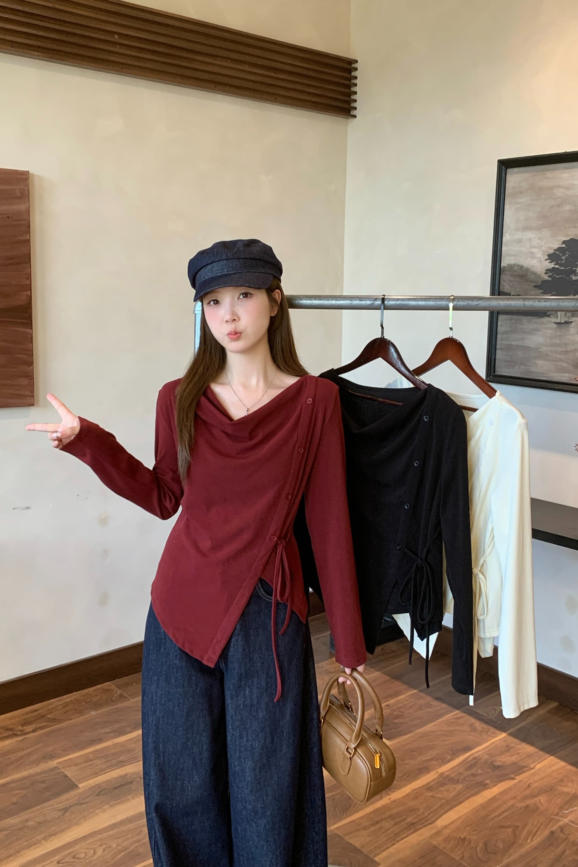 실사 2026 봄 드레스 새로운 지방 mm 빅 사이즈 여성 불규칙 흔들다 칼라 긴팔 티셔츠 프랑스식 품격 스트랩 맨위 이미지 6