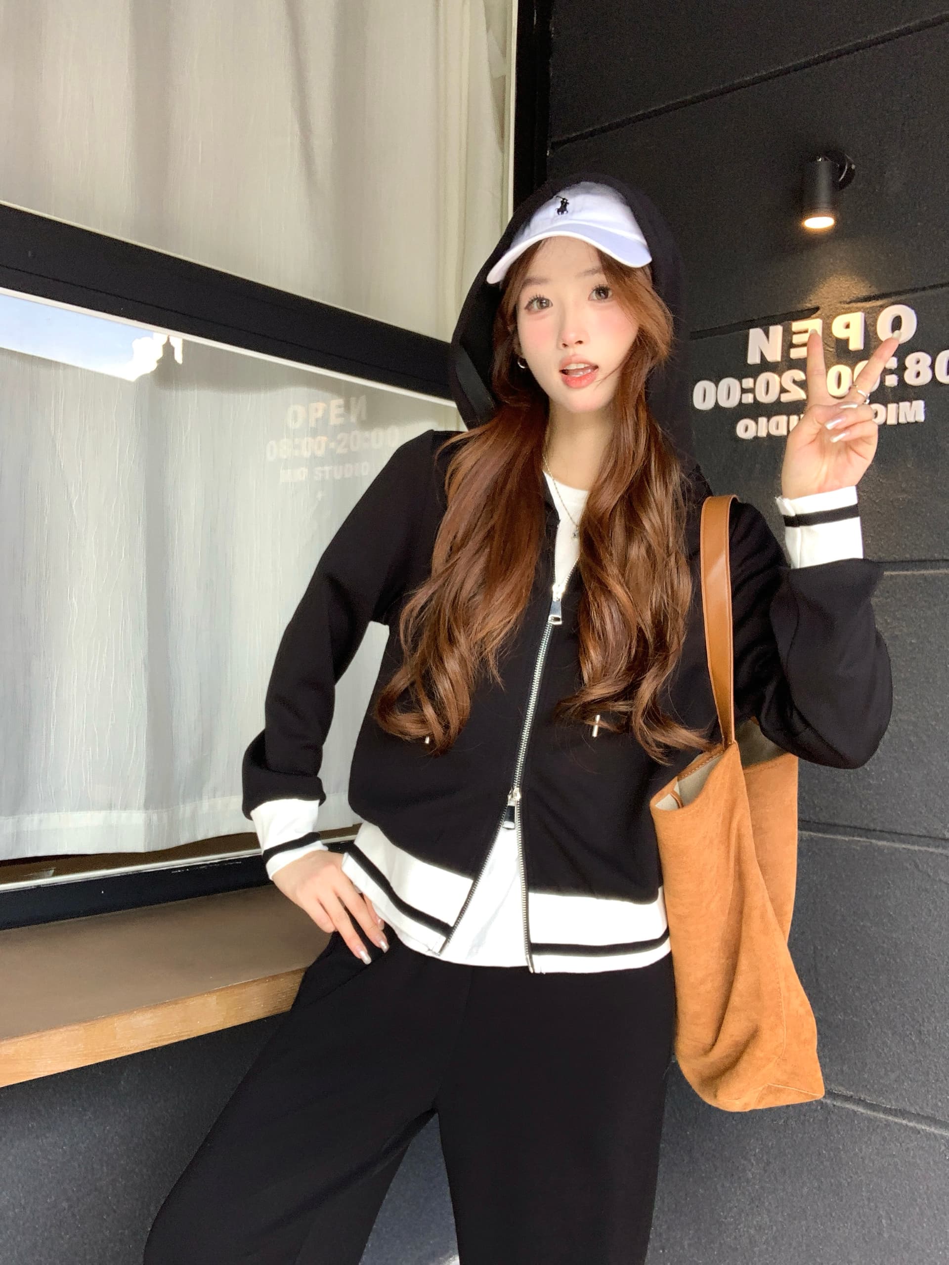 실사 2026 가을 의상 새로운 지방 mm 빅 사이즈 캐주얼 세트 후드 티 스웨터 재킷 하이웨이스트 와이드 레그 팬츠 투피스 세트 상세 이미지 8