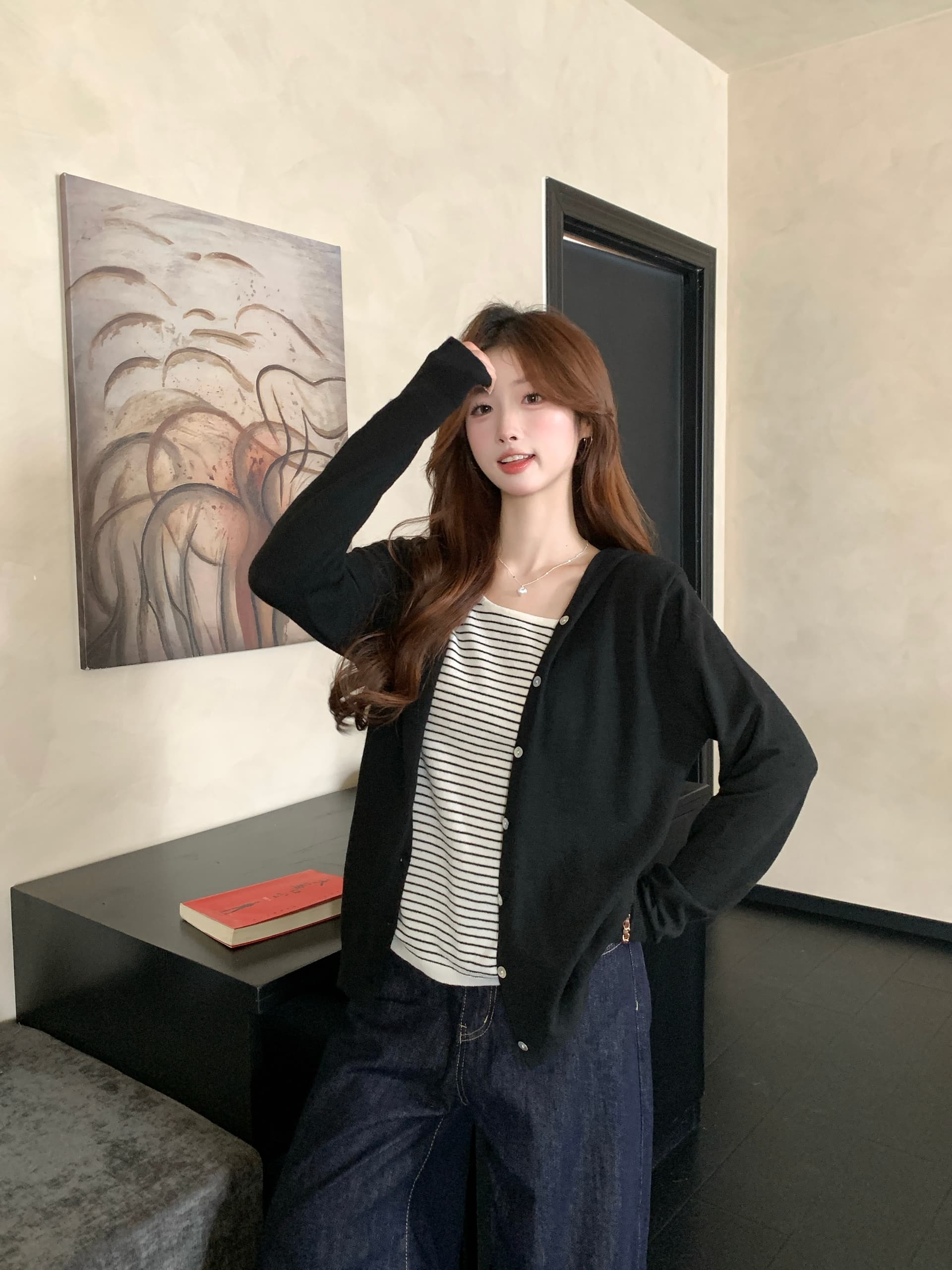 실사 2026 봄 드레스 새로운 지방 mm 빅 사이즈 페이크 레이어드 스트라이프 패치워크 긴팔 니트 스웨터 한 부서 스택 착용 맨위 상세 이미지 24