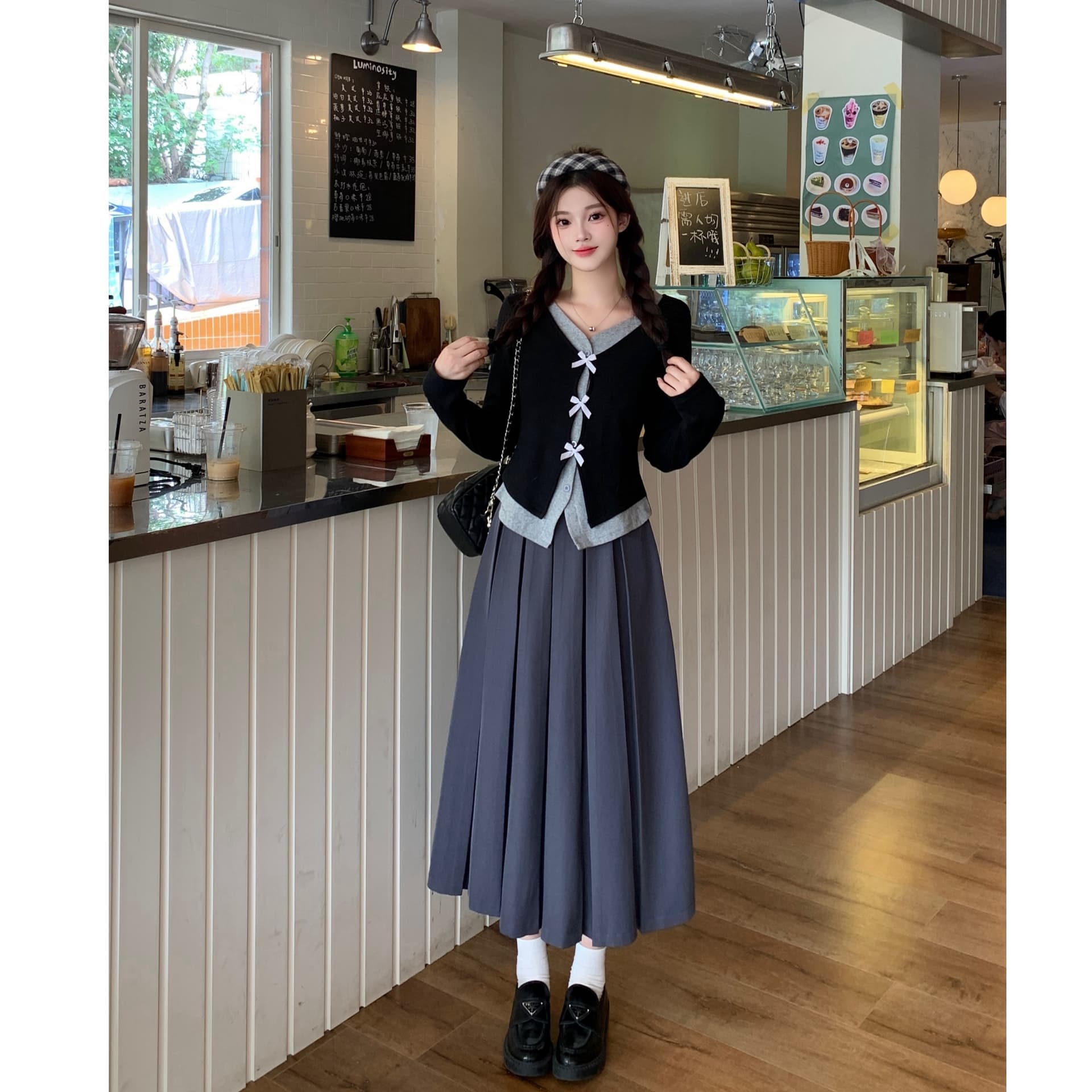 실사 2026 가을 새로운 지방 mm 빅 사이즈 페이크 레이어드 맨위 하이웨이스트 플리츠 반신 스커트 한 부서 투피스 슈트 이미지 5
