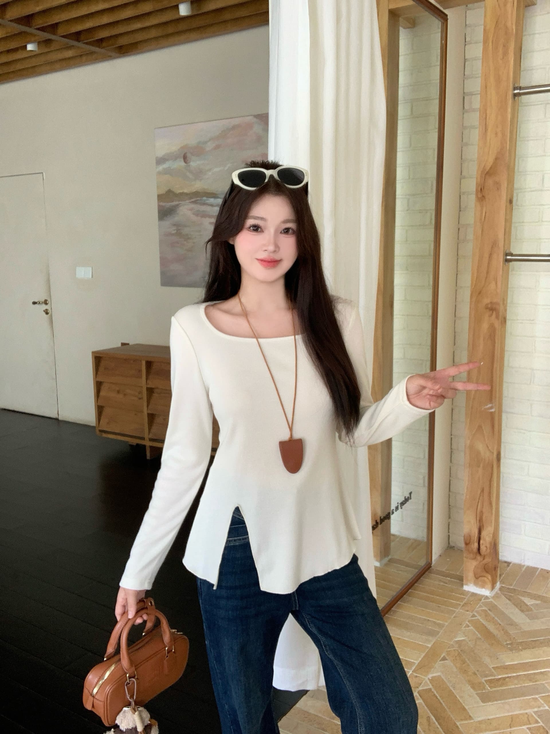 실사 2026 가을 새로운 지방 mm 빅 사이즈 광장 칼라 트임 긴팔 티셔츠 허리 수축 슬림해 보이는 순수한 욕망 만나는 맨위 상세 이미지 15