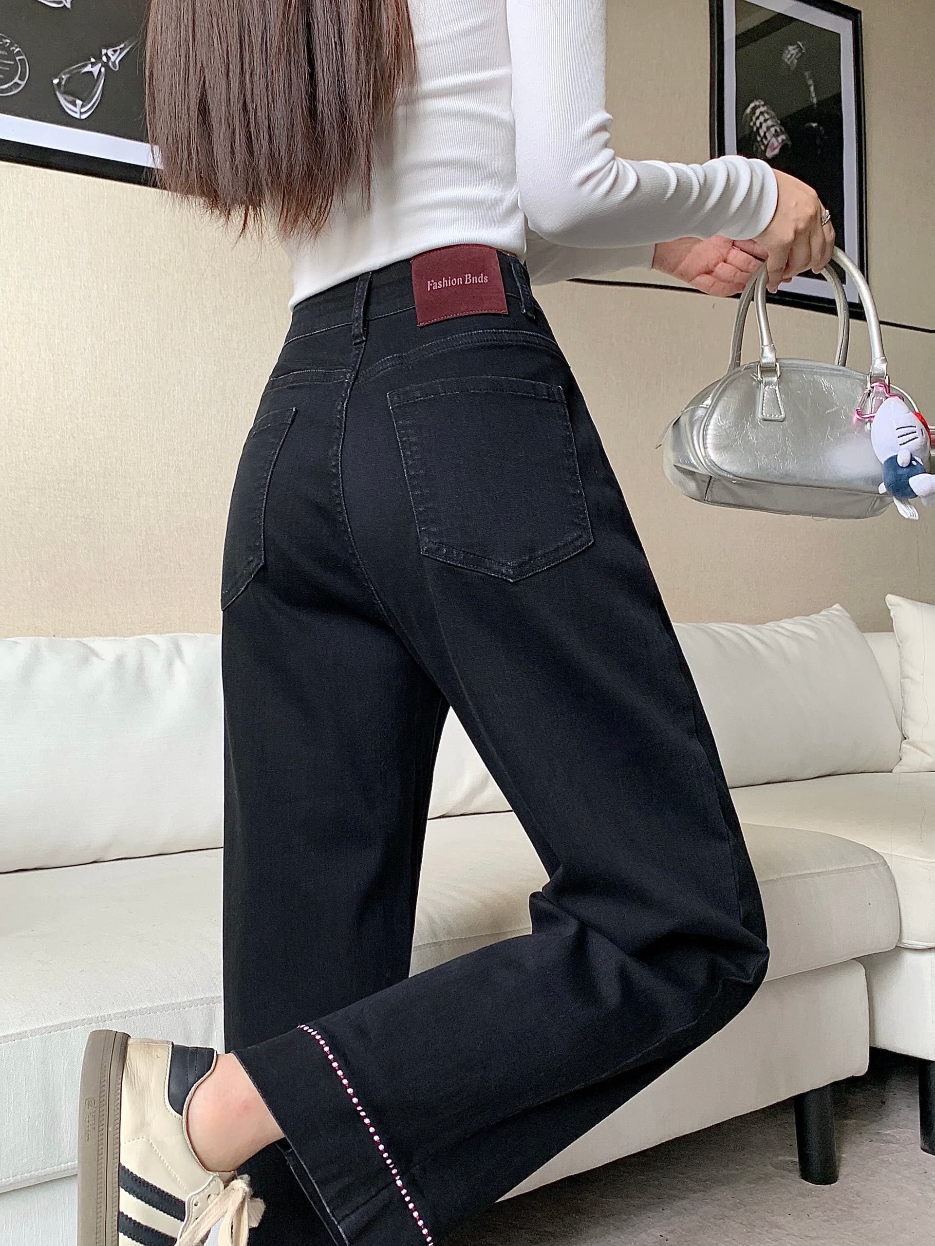 실사 2026 가을 새로운 지방 mm 빅 사이즈 여성 검정색 스트레이트 청바지 배 모양 몸 하이웨이스트 와이드 레그 팬츠 어린이 상세 이미지 8