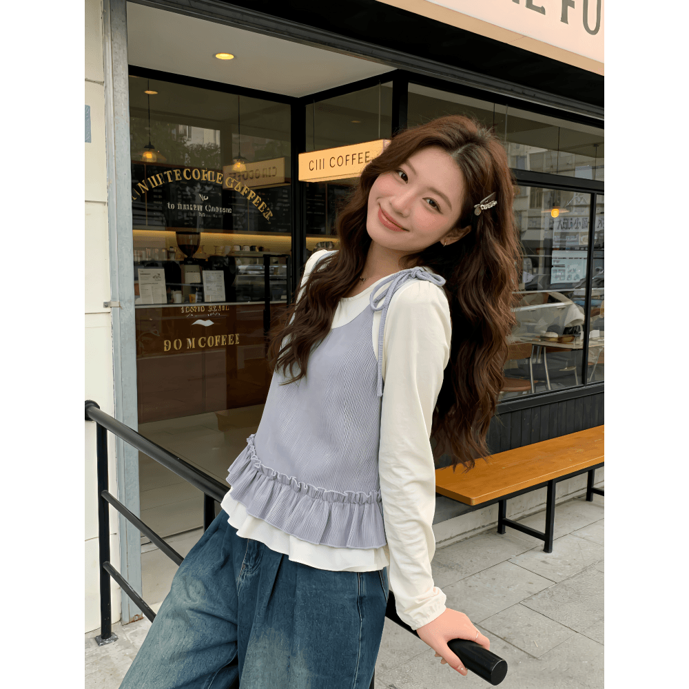 실사 2026 봄 빅 사이즈 지방 mm 프랑스식 나비 넥타이 긴팔 작은 셔츠 배색 슬림해 보이는 페이크 레이어드 맨위 이미지 5