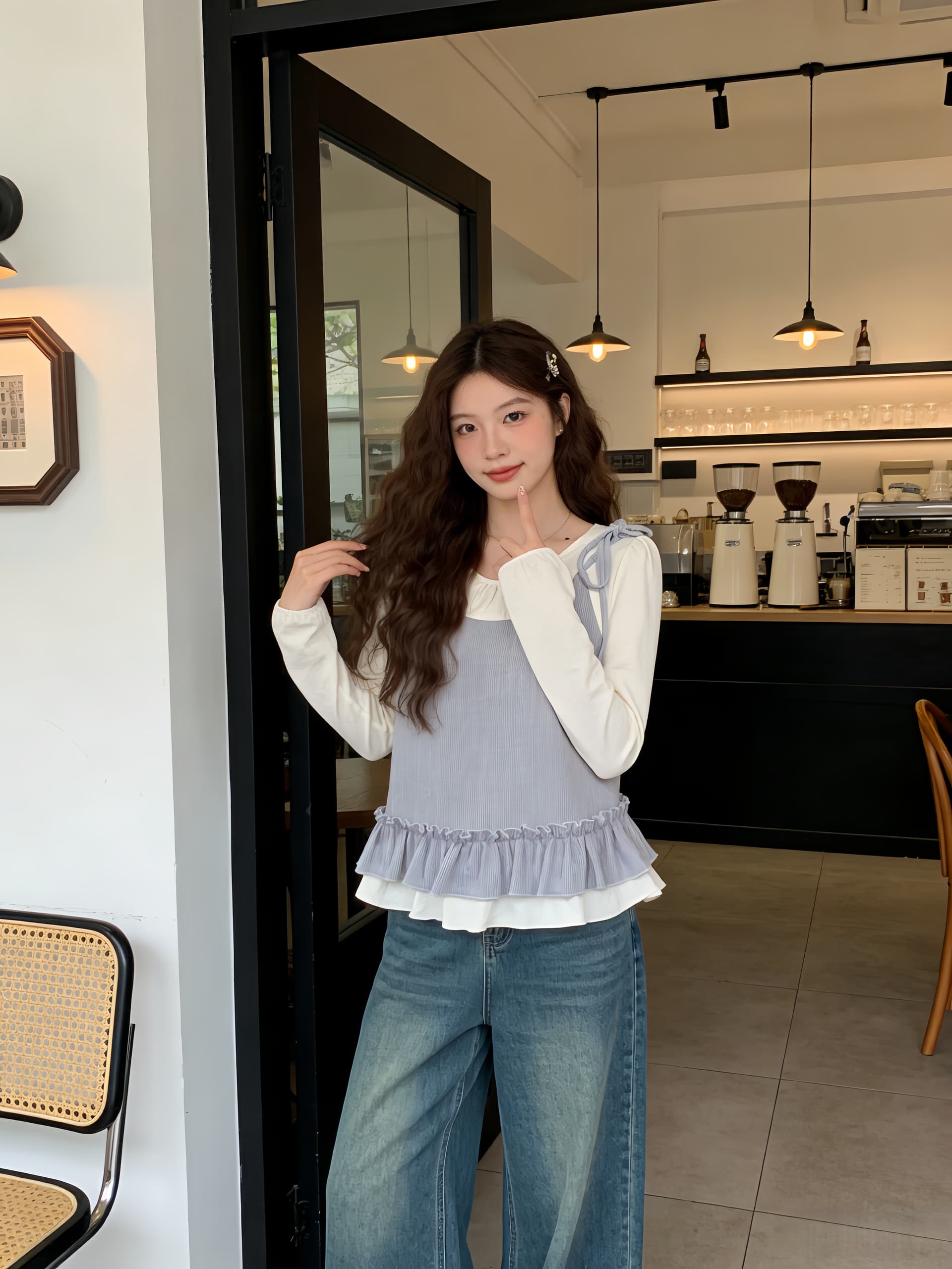 실사 2026 봄 빅 사이즈 지방 mm 프랑스식 나비 넥타이 긴팔 작은 셔츠 배색 슬림해 보이는 페이크 레이어드 맨위 상세 이미지 2