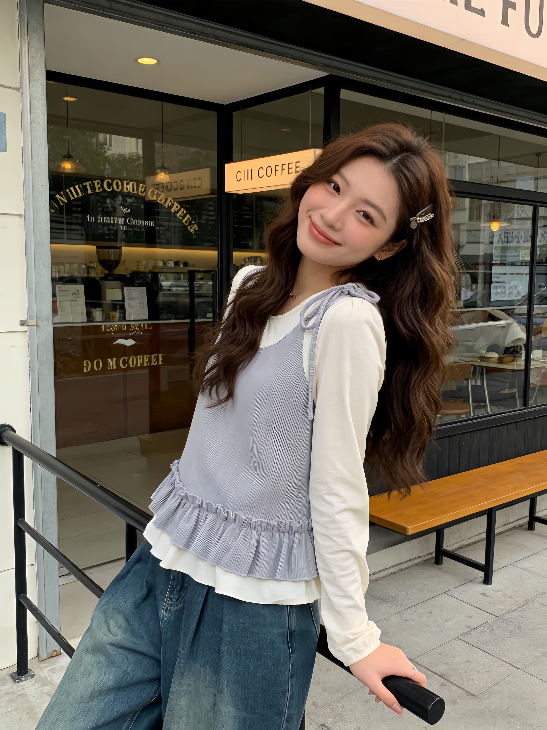 실사 2026 봄 빅 사이즈 지방 mm 프랑스식 나비 넥타이 긴팔 작은 셔츠 배색 슬림해 보이는 페이크 레이어드 맨위 상세 이미지 7