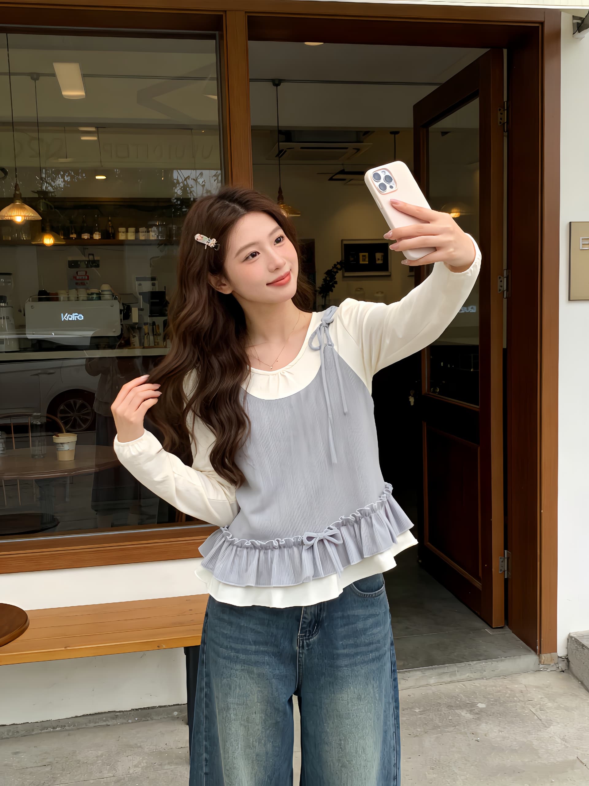 실사 2026 봄 빅 사이즈 지방 mm 프랑스식 나비 넥타이 긴팔 작은 셔츠 배색 슬림해 보이는 페이크 레이어드 맨위 상세 이미지 11