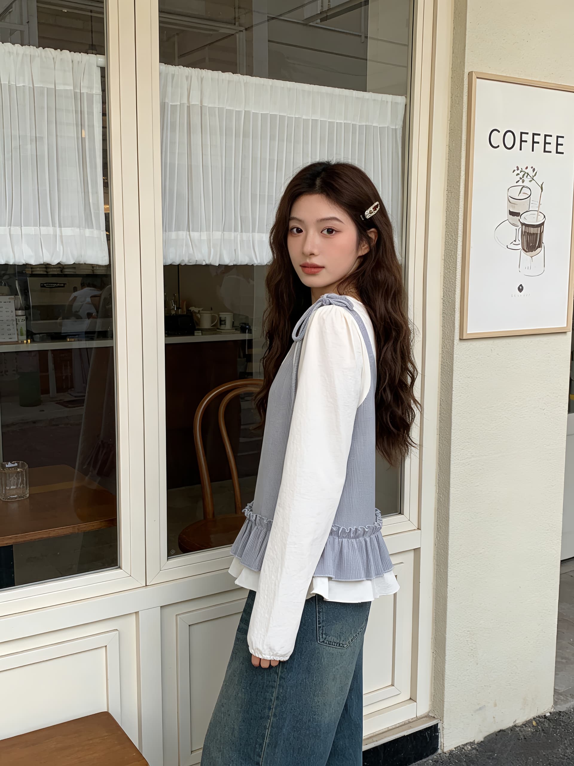 실사 2026 봄 빅 사이즈 지방 mm 프랑스식 나비 넥타이 긴팔 작은 셔츠 배색 슬림해 보이는 페이크 레이어드 맨위 상세 이미지 15