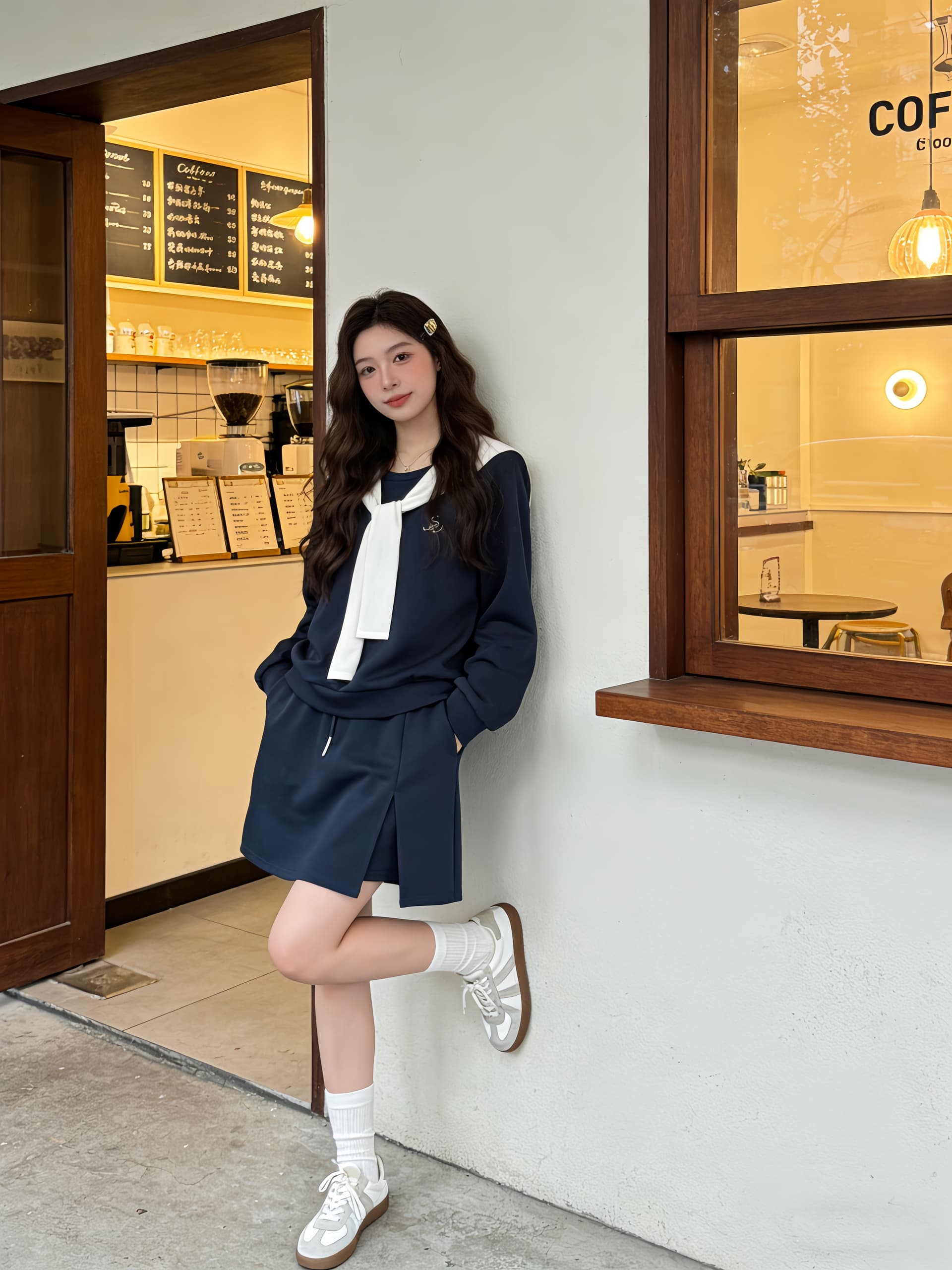 실사 2026 가을 새로운 새로운 지방 mm 빅 사이즈 학원 스타일 세트 표지 고기 숄 후드티 반신 스커트 투피스 세트 상세 이미지 5