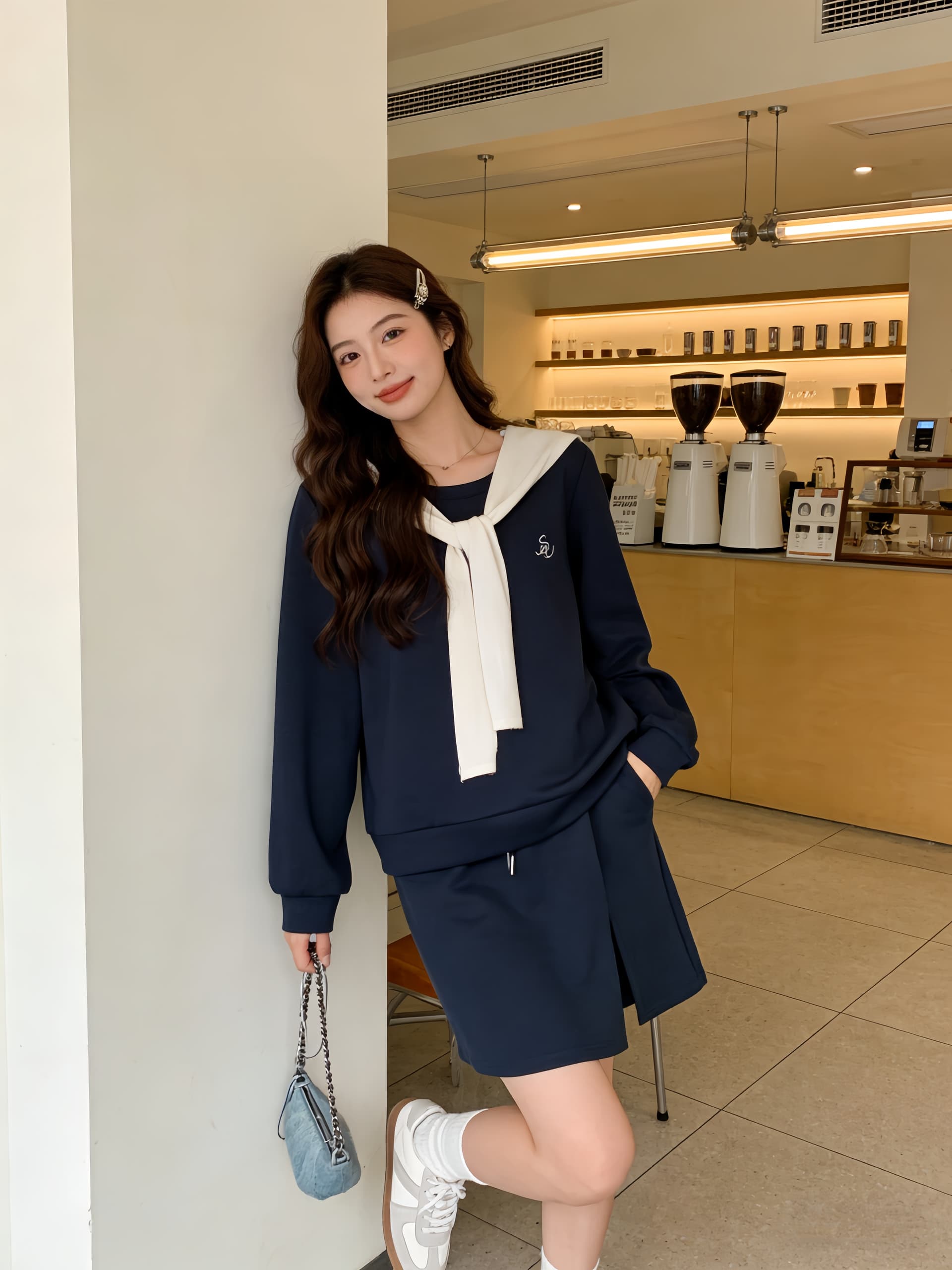 실사 2026 가을 새로운 새로운 지방 mm 빅 사이즈 학원 스타일 세트 표지 고기 숄 후드티 반신 스커트 투피스 세트 상세 이미지 8