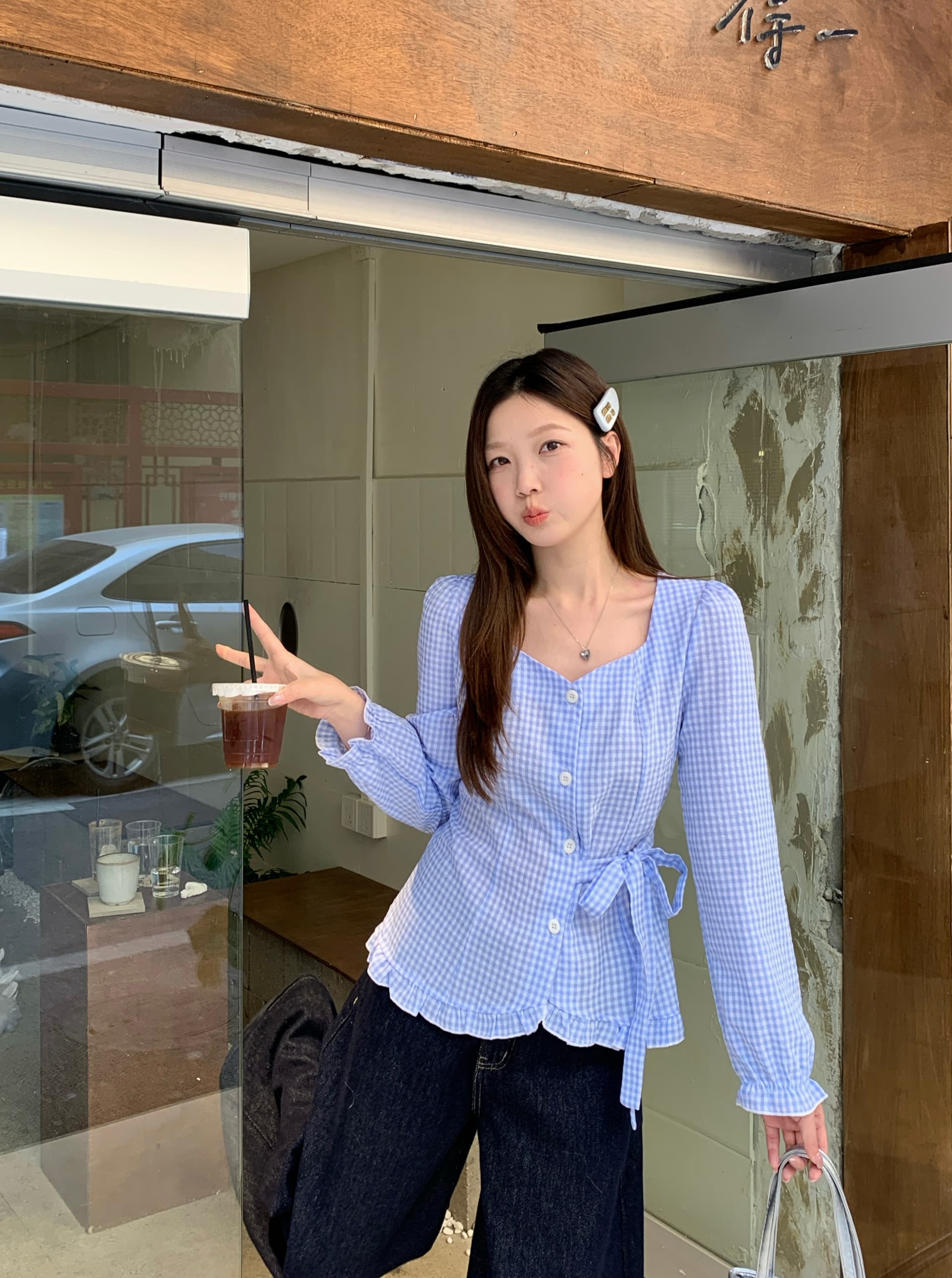 실사 2026 가을 새로운 지방 mm 빅 사이즈 여성 체크무늬 프릴 긴팔 셔츠 레이스업 허리 수축 슬림해 보이는 맨위 상세 이미지 16
