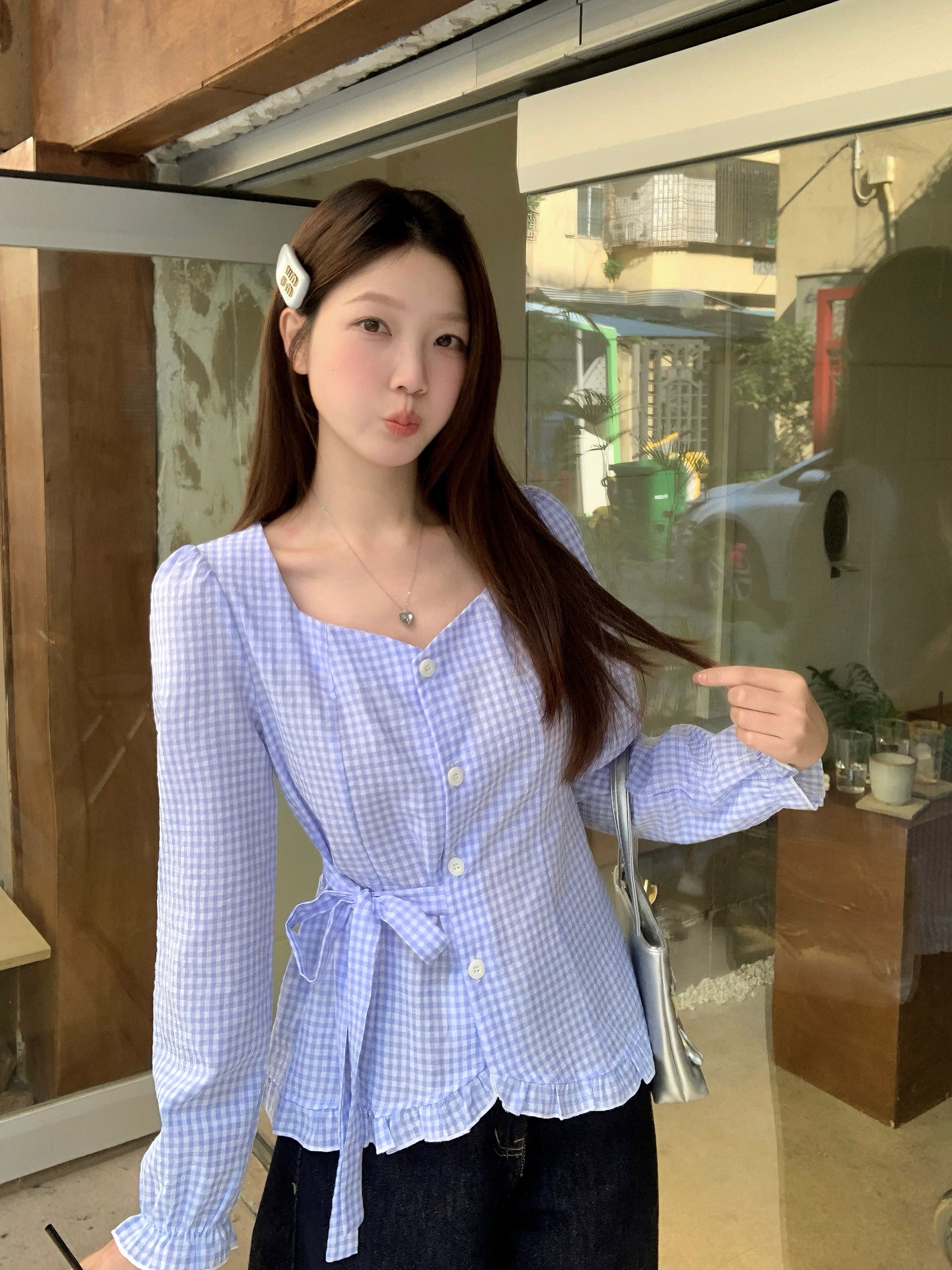 실사 2026 가을 새로운 지방 mm 빅 사이즈 여성 체크무늬 프릴 긴팔 셔츠 레이스업 허리 수축 슬림해 보이는 맨위 상세 이미지 19