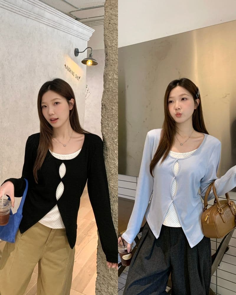 실사 2026 가을 새로운 빅 사이즈 지방 mm 페이크 레이어드 도트 무늬 긴팔 티셔츠 디자인 센스 몸매 가꾸기 슬림해 보이는 맨위