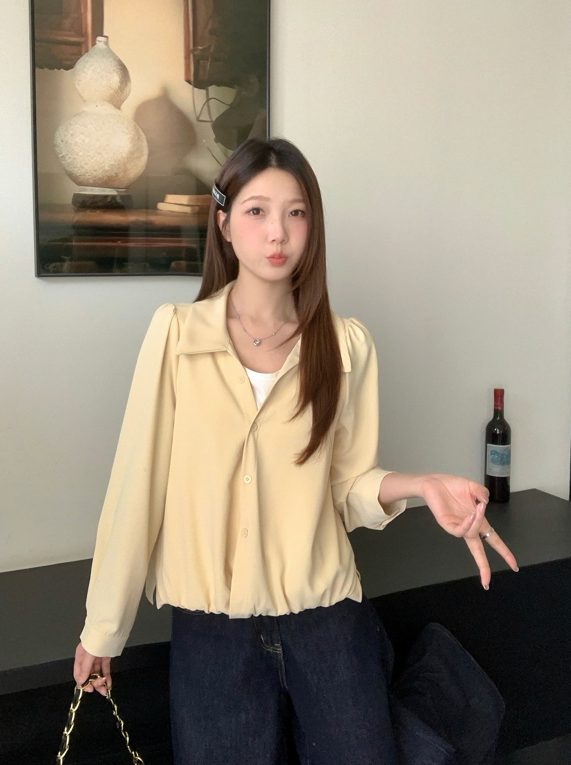 실사 2026 가을 의상 새로운 지방 mm 빅 사이즈 여성 페이크 레이어드 폴로 칼라 긴팔 셔츠 출퇴근 캐주얼 슬림해 보이는 셔츠 상세 이미지 10