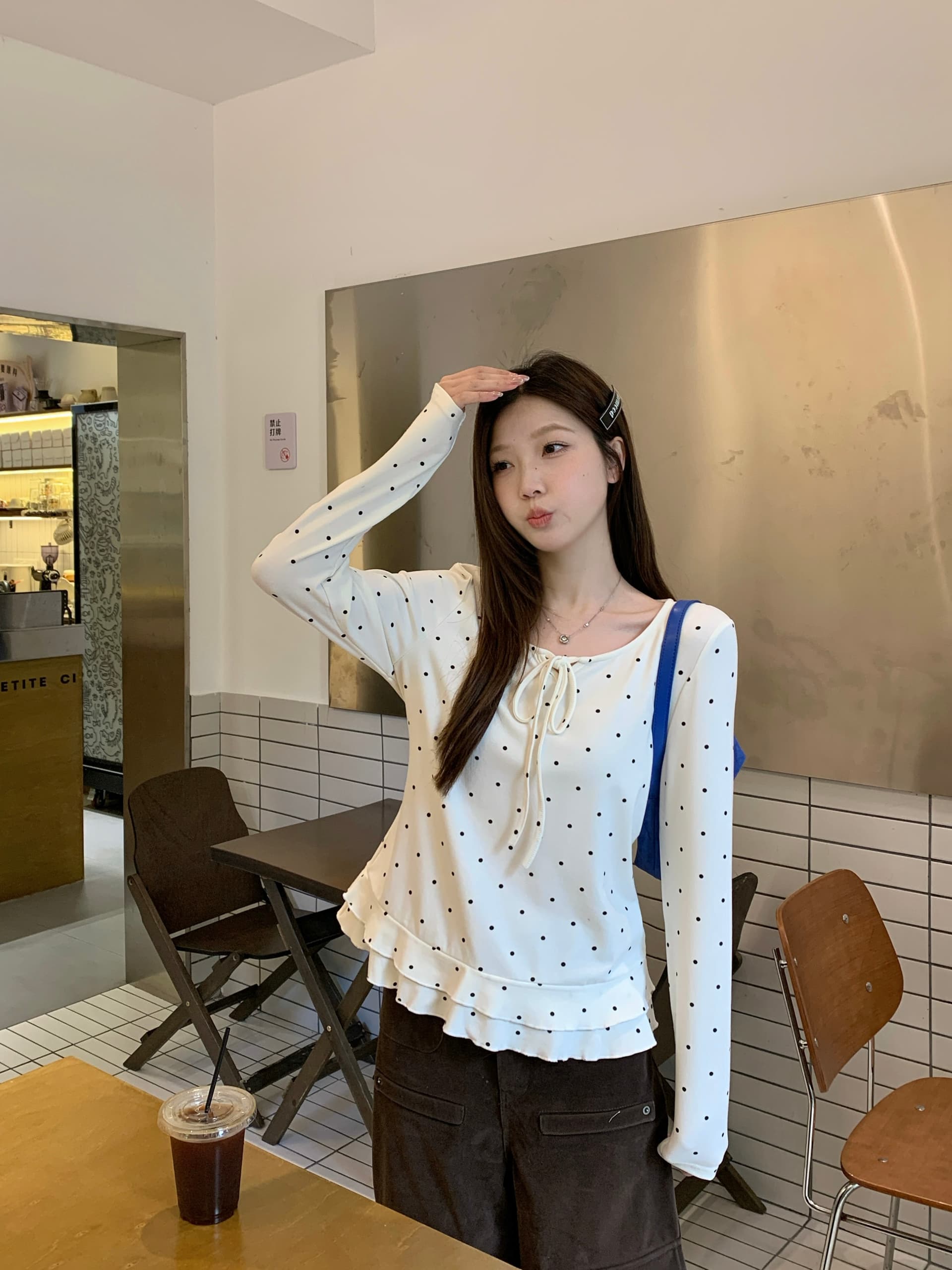 실사 2026 봄 새로운 지방 mm 빅 사이즈 한 부서 도트 무늬 프릴 긴팔 티셔츠 나비 매듭 인사이드 잡아라. 의류 이미지 3