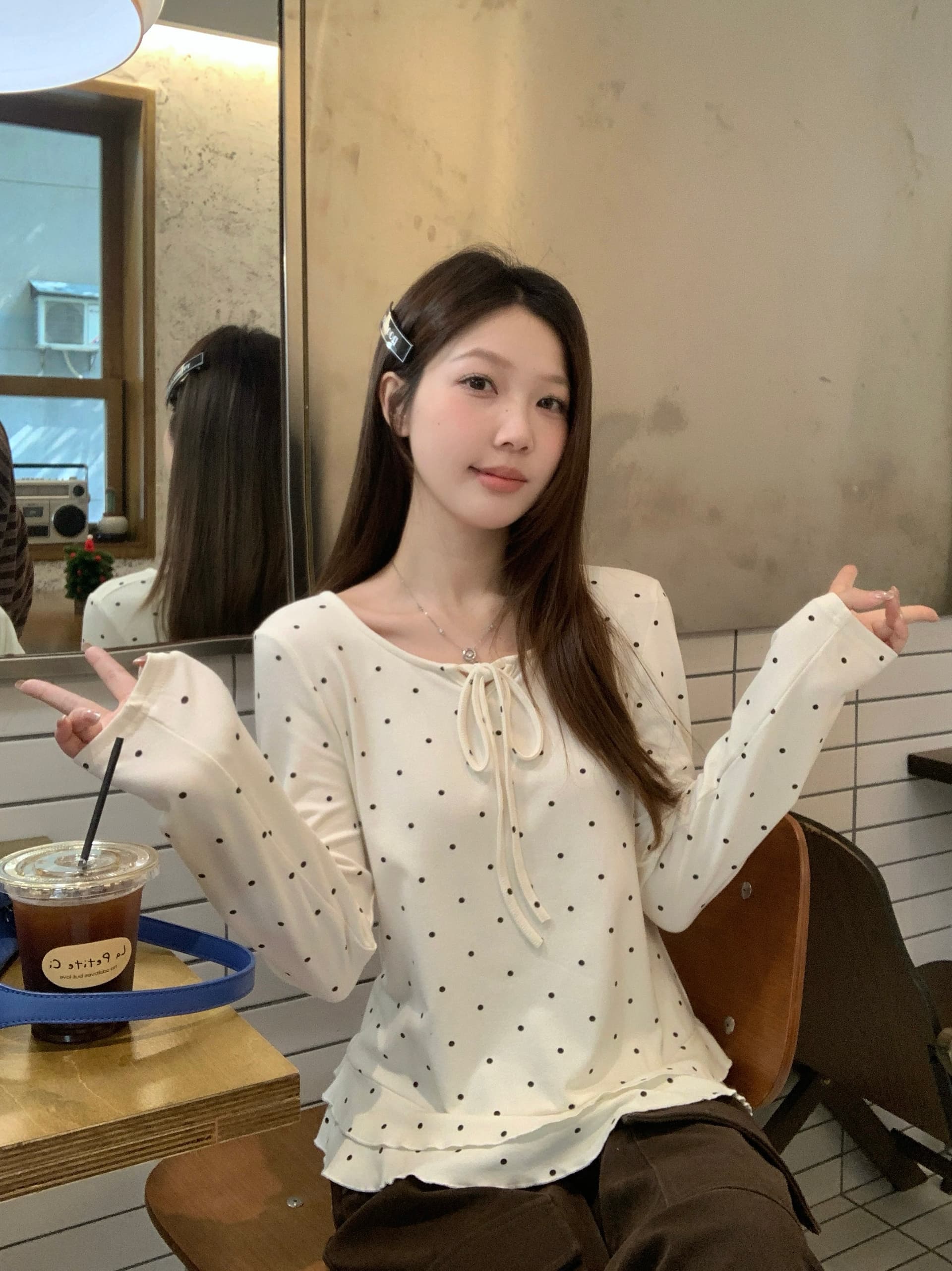 실사 2026 봄 새로운 지방 mm 빅 사이즈 한 부서 도트 무늬 프릴 긴팔 티셔츠 나비 매듭 인사이드 잡아라. 의류 상세 이미지 3