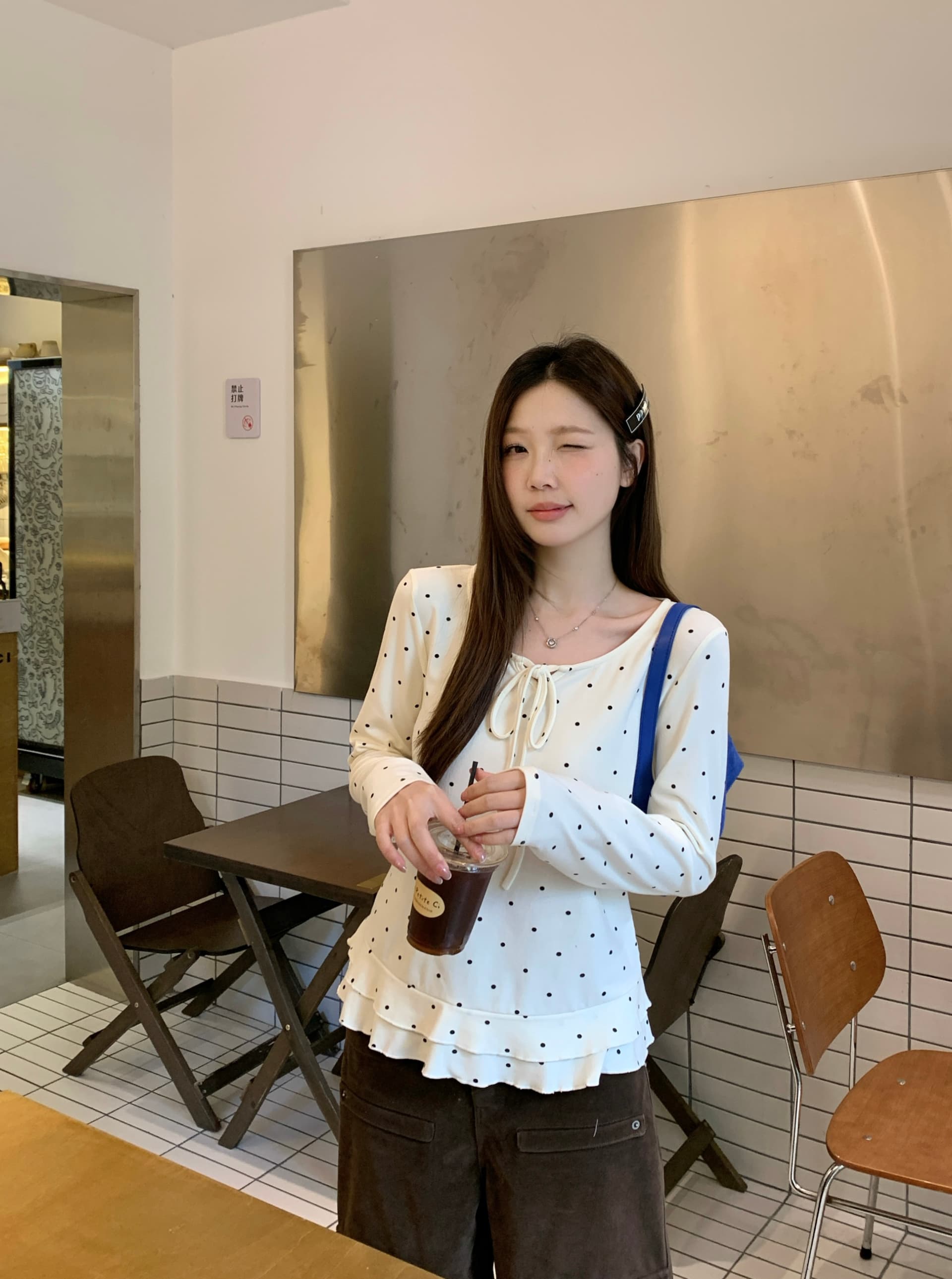 실사 2026 봄 새로운 지방 mm 빅 사이즈 한 부서 도트 무늬 프릴 긴팔 티셔츠 나비 매듭 인사이드 잡아라. 의류 상세 이미지 8