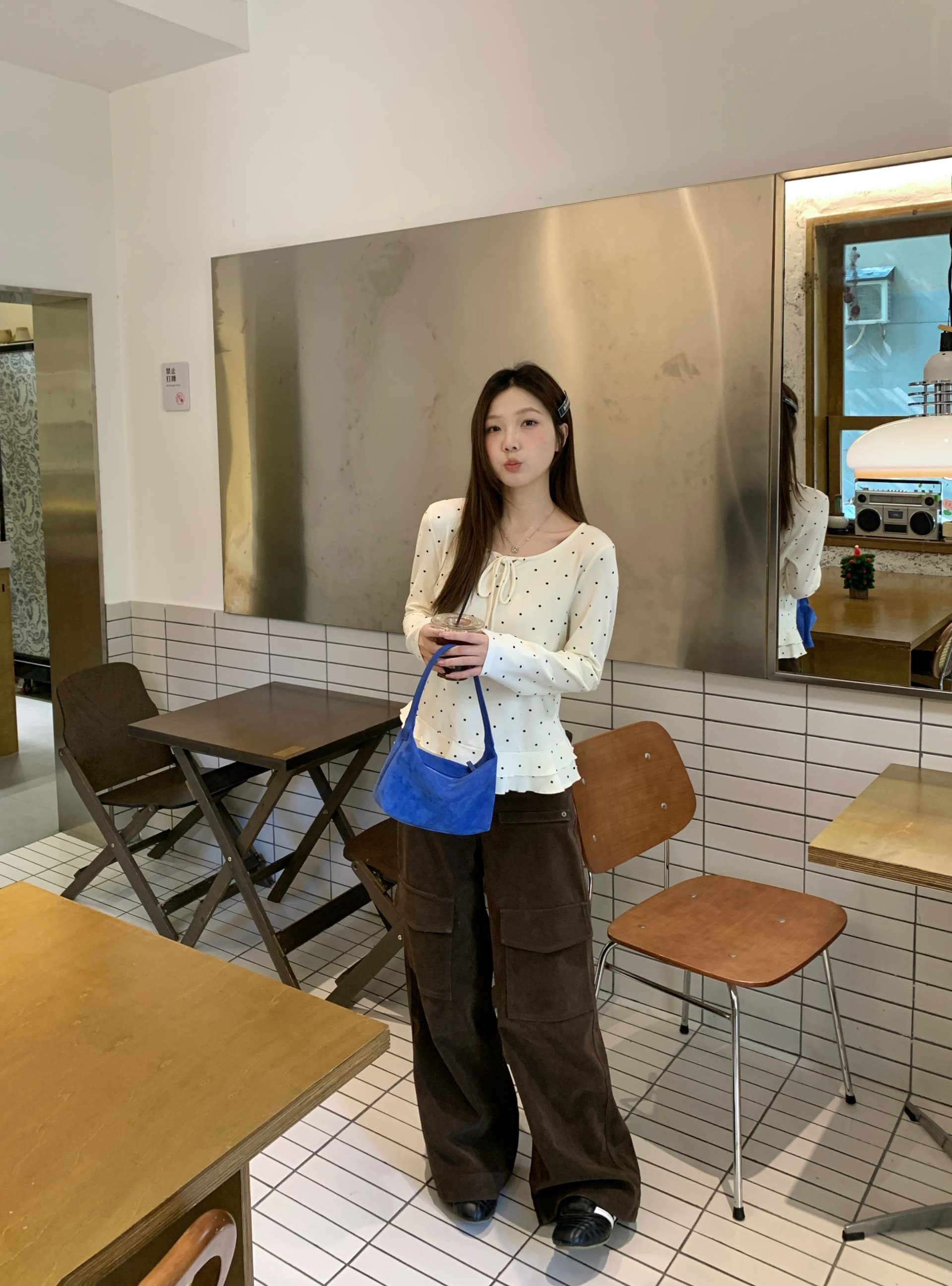 실사 2026 봄 새로운 지방 mm 빅 사이즈 한 부서 도트 무늬 프릴 긴팔 티셔츠 나비 매듭 인사이드 잡아라. 의류 상세 이미지 10
