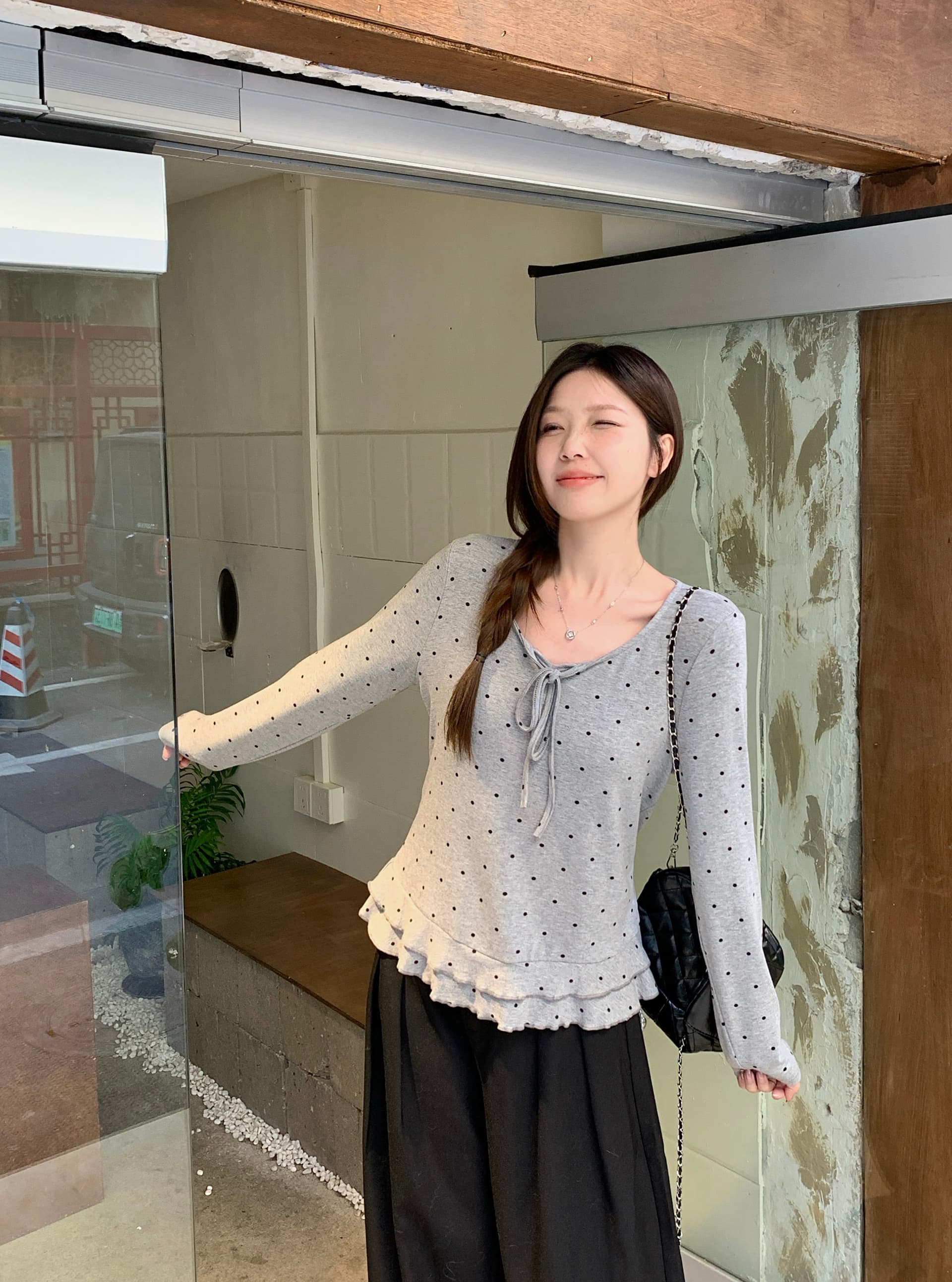 실사 2026 봄 새로운 지방 mm 빅 사이즈 한 부서 도트 무늬 프릴 긴팔 티셔츠 나비 매듭 인사이드 잡아라. 의류 상세 이미지 18