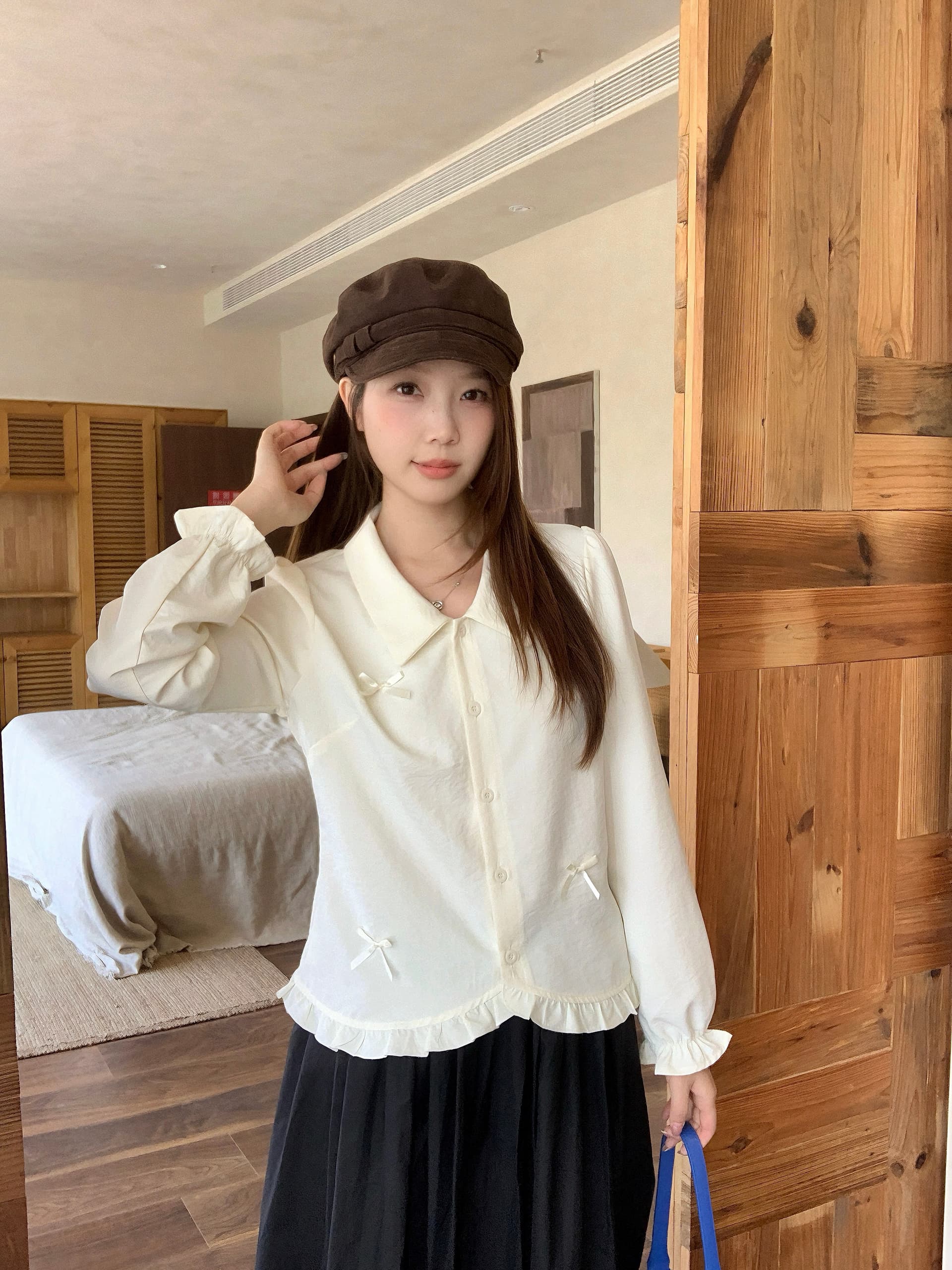 실사 2026 가을 새로운 지방 mm 빅 사이즈 여성 프랑스식 나비 매듭 긴팔 셔츠 디자인 센스 프릴 셔츠 상세 이미지 4