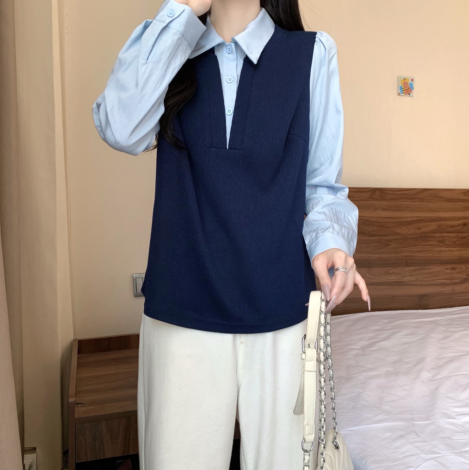 실사 2026 봄 새로운 지방 mm 빅 사이즈 여성 페이크 레이어드 배색 긴팔 셔츠 패치워크 스택 착용 슬림해 보이는 맨위 상세 이미지 17