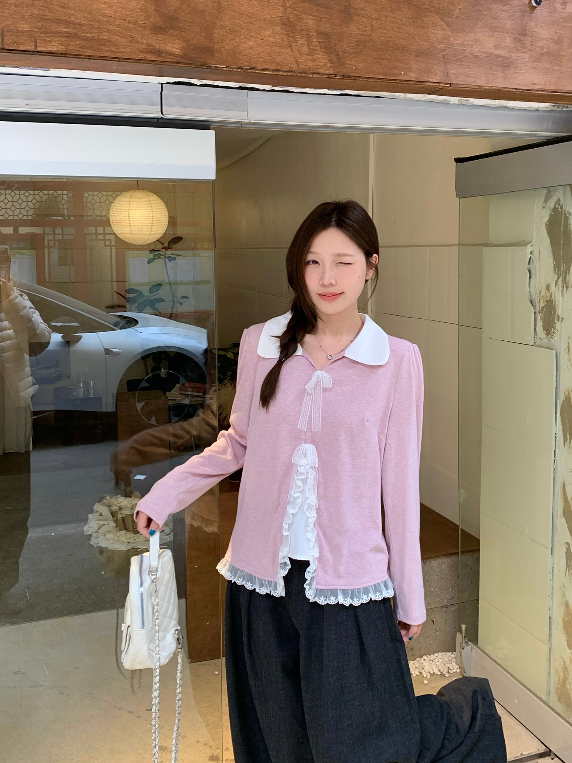 실사 2026 가을 의상 새로운 지방 mm 빅 사이즈 레이스 조각 페이크 레이어드 긴팔 티셔츠 디자인 센스 달콤함 맨위 이미지 3