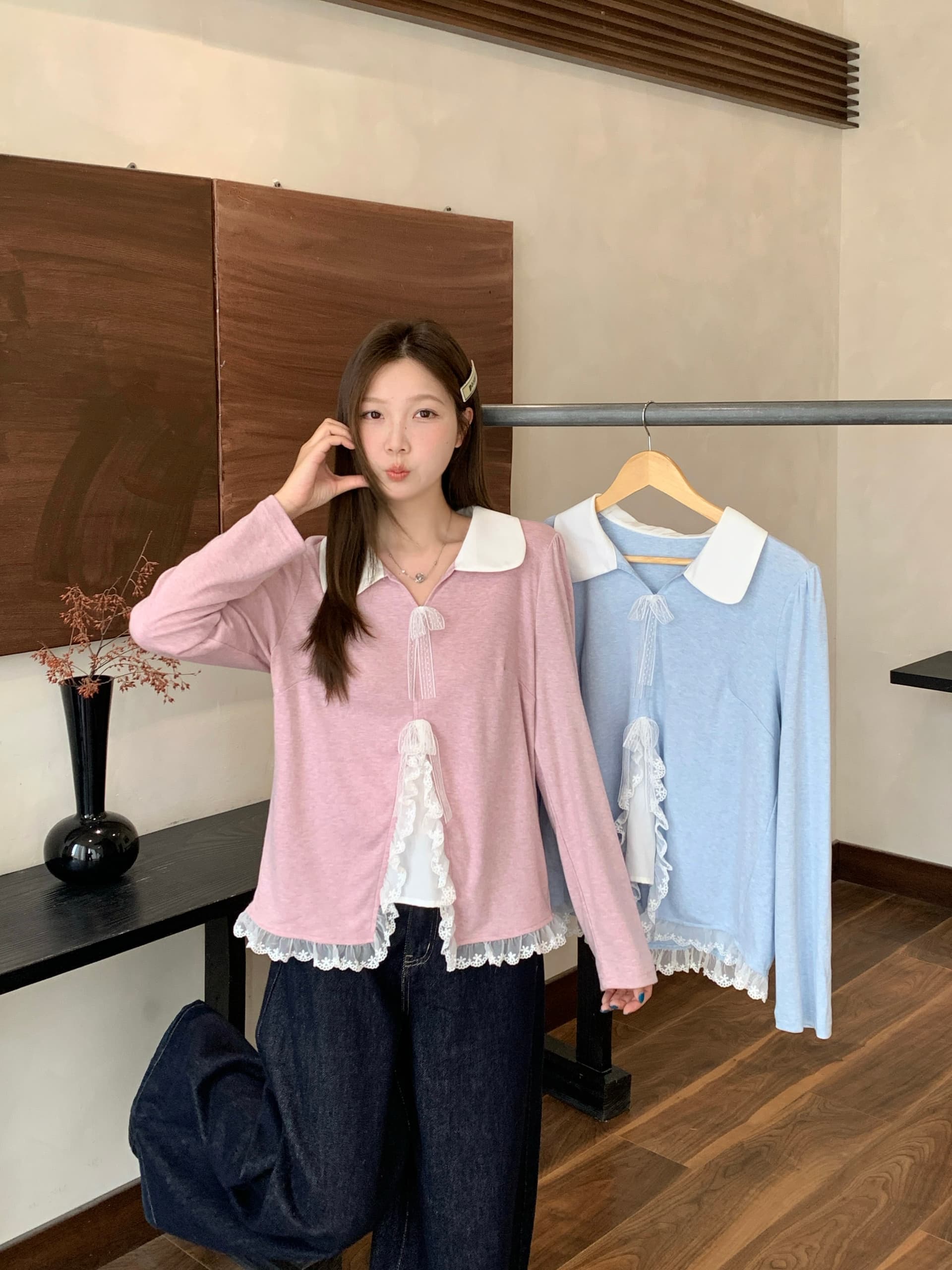 실사 2026 가을 의상 새로운 지방 mm 빅 사이즈 레이스 조각 페이크 레이어드 긴팔 티셔츠 디자인 센스 달콤함 맨위