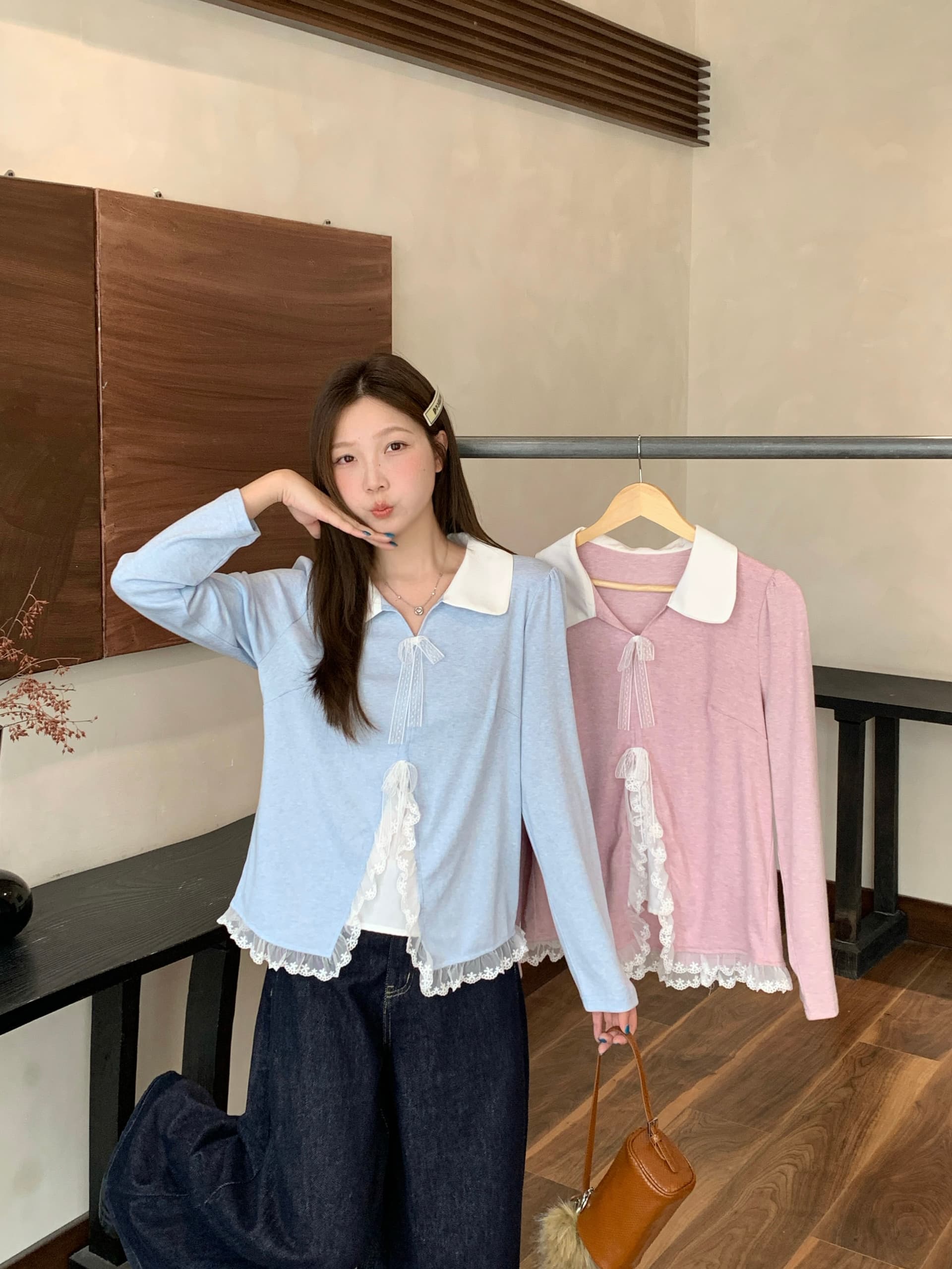 실사 2026 가을 의상 새로운 지방 mm 빅 사이즈 레이스 조각 페이크 레이어드 긴팔 티셔츠 디자인 센스 달콤함 맨위 상세 이미지 2