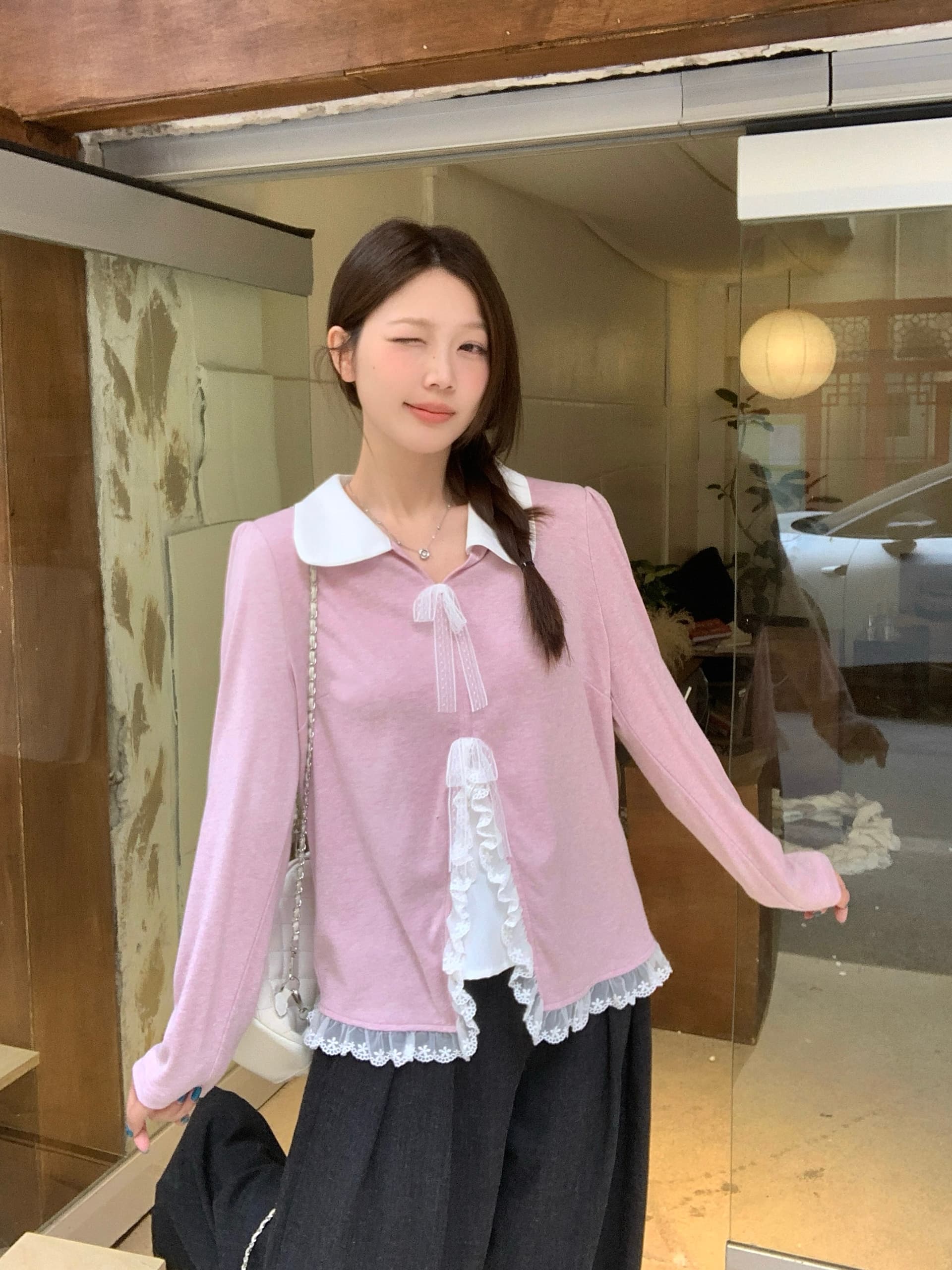 실사 2026 가을 의상 새로운 지방 mm 빅 사이즈 레이스 조각 페이크 레이어드 긴팔 티셔츠 디자인 센스 달콤함 맨위 상세 이미지 6
