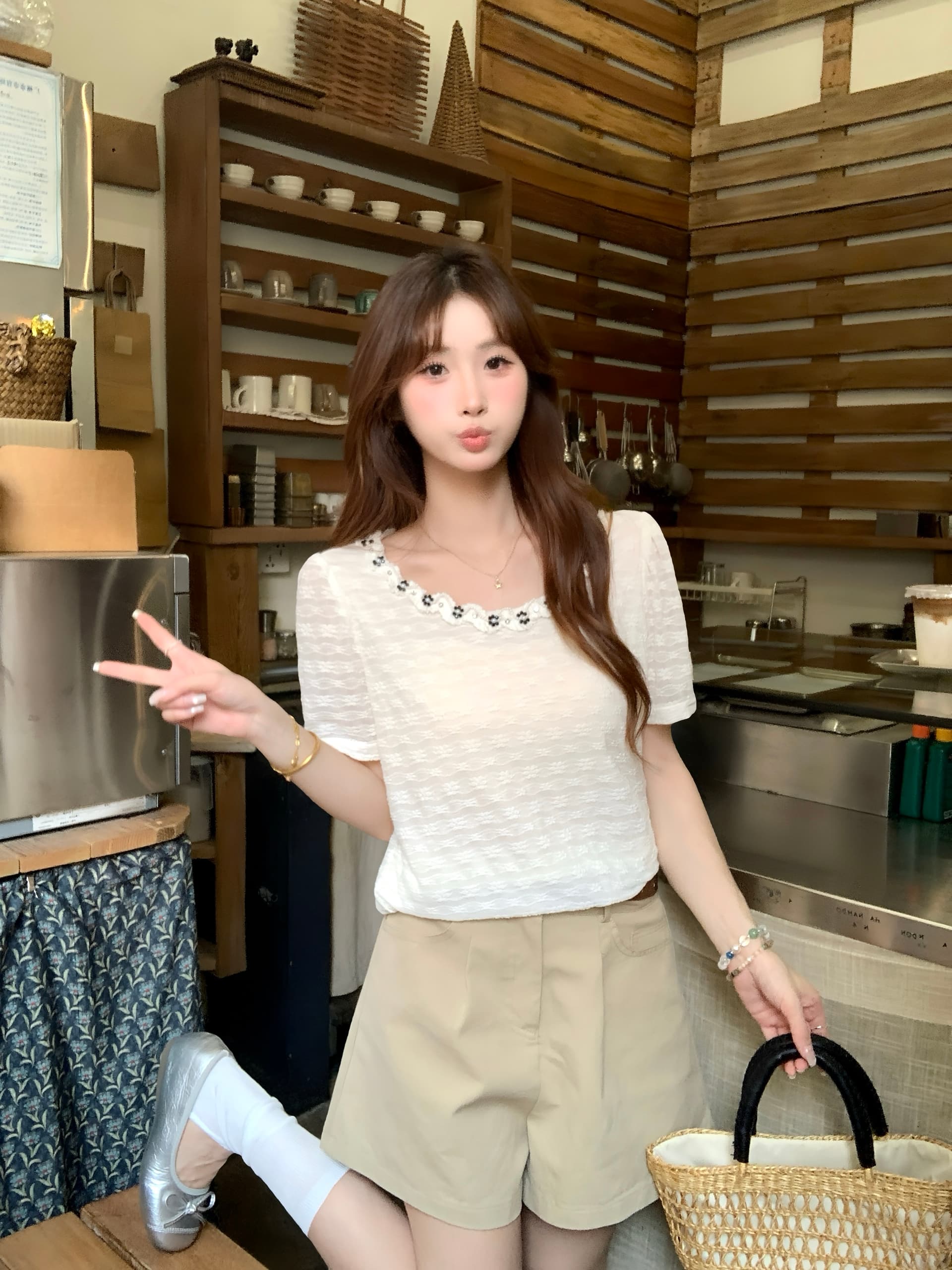 실사 2026 여름 새로운 지방 mm 빅 사이즈 프랑스식 고급 센스 빛 럭셔리 반팔 티셔츠 디자인 센스 비즈 박기 맨위 상세 이미지 5