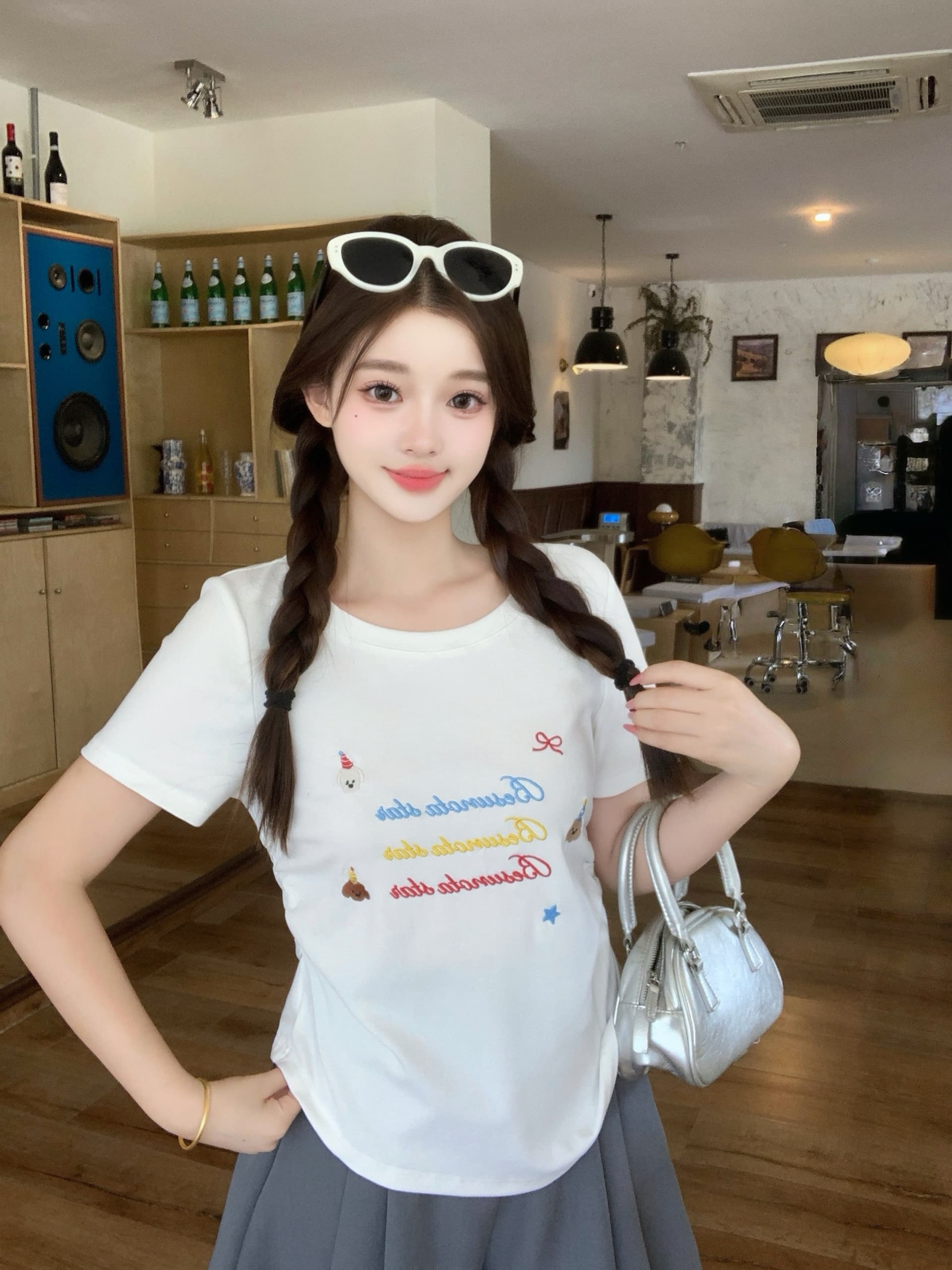 실사 2026 여름 새로운 지방 mm 빅 사이즈 알파벳 강아지 자수 반팔 티셔츠 허리 수축 주름 핫걸 맨위 상세 이미지 4