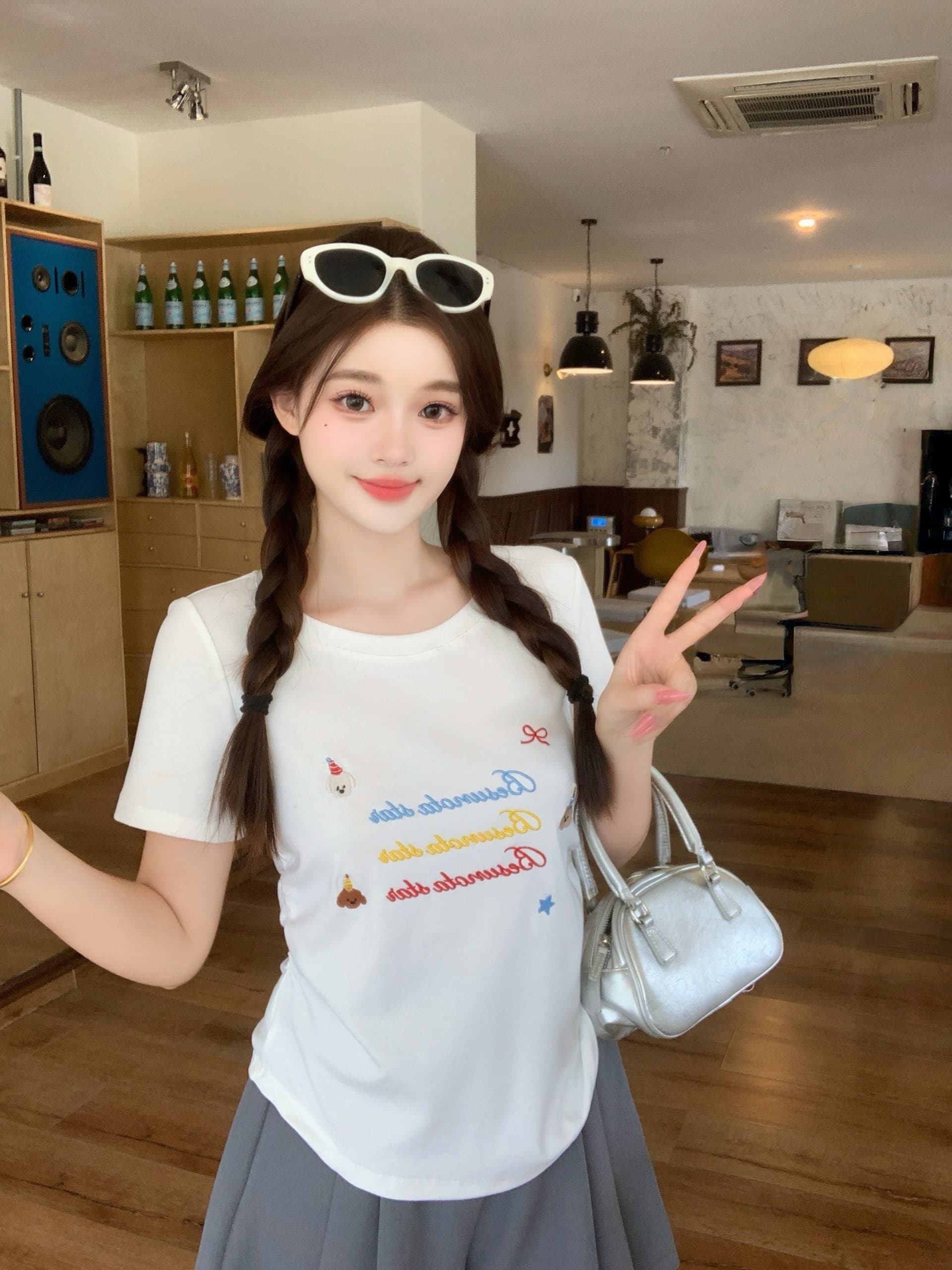 실사 2026 여름 새로운 지방 mm 빅 사이즈 알파벳 강아지 자수 반팔 티셔츠 허리 수축 주름 핫걸 맨위 상세 이미지 5