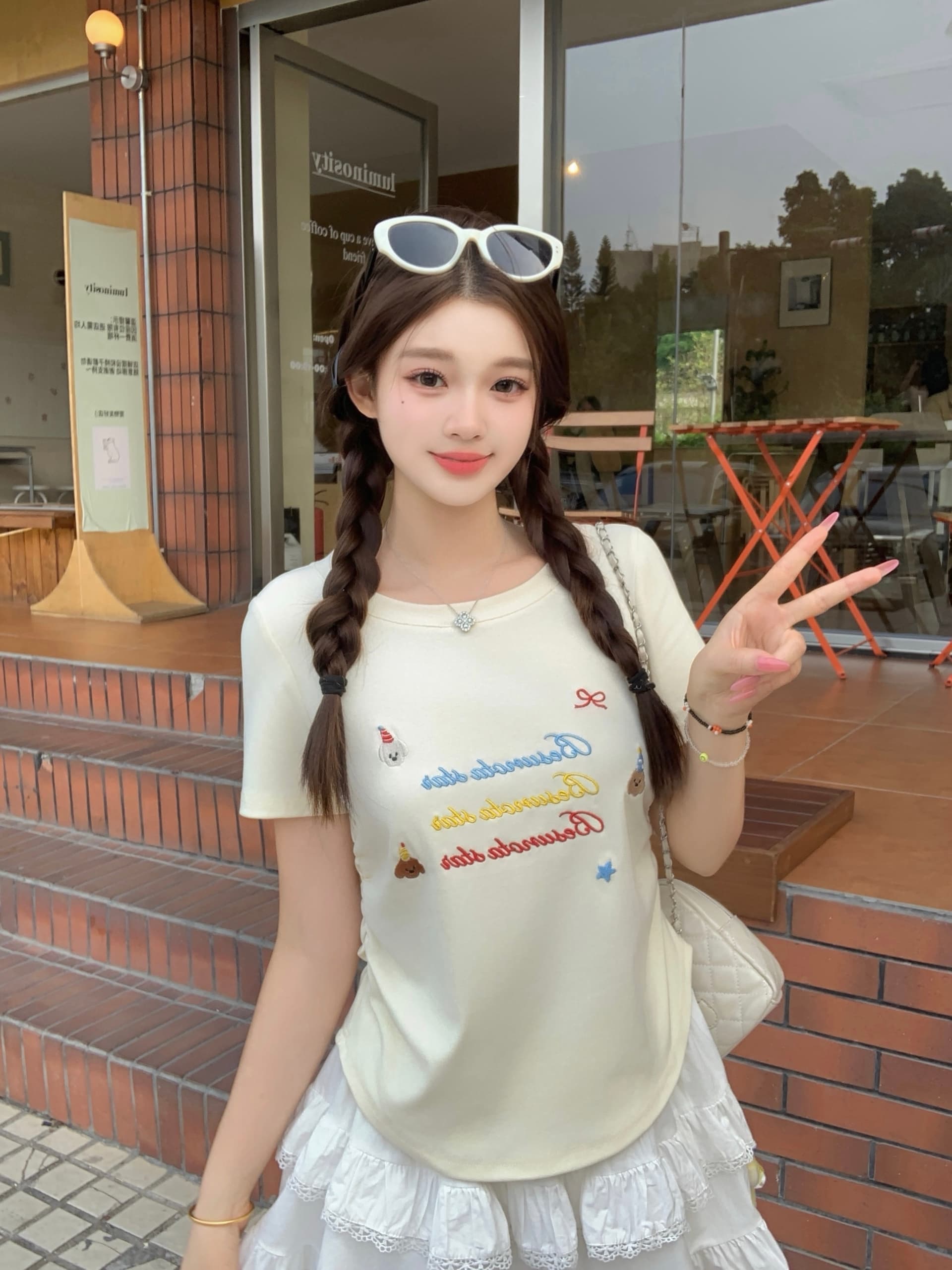 실사 2026 여름 새로운 지방 mm 빅 사이즈 알파벳 강아지 자수 반팔 티셔츠 허리 수축 주름 핫걸 맨위 상세 이미지 16