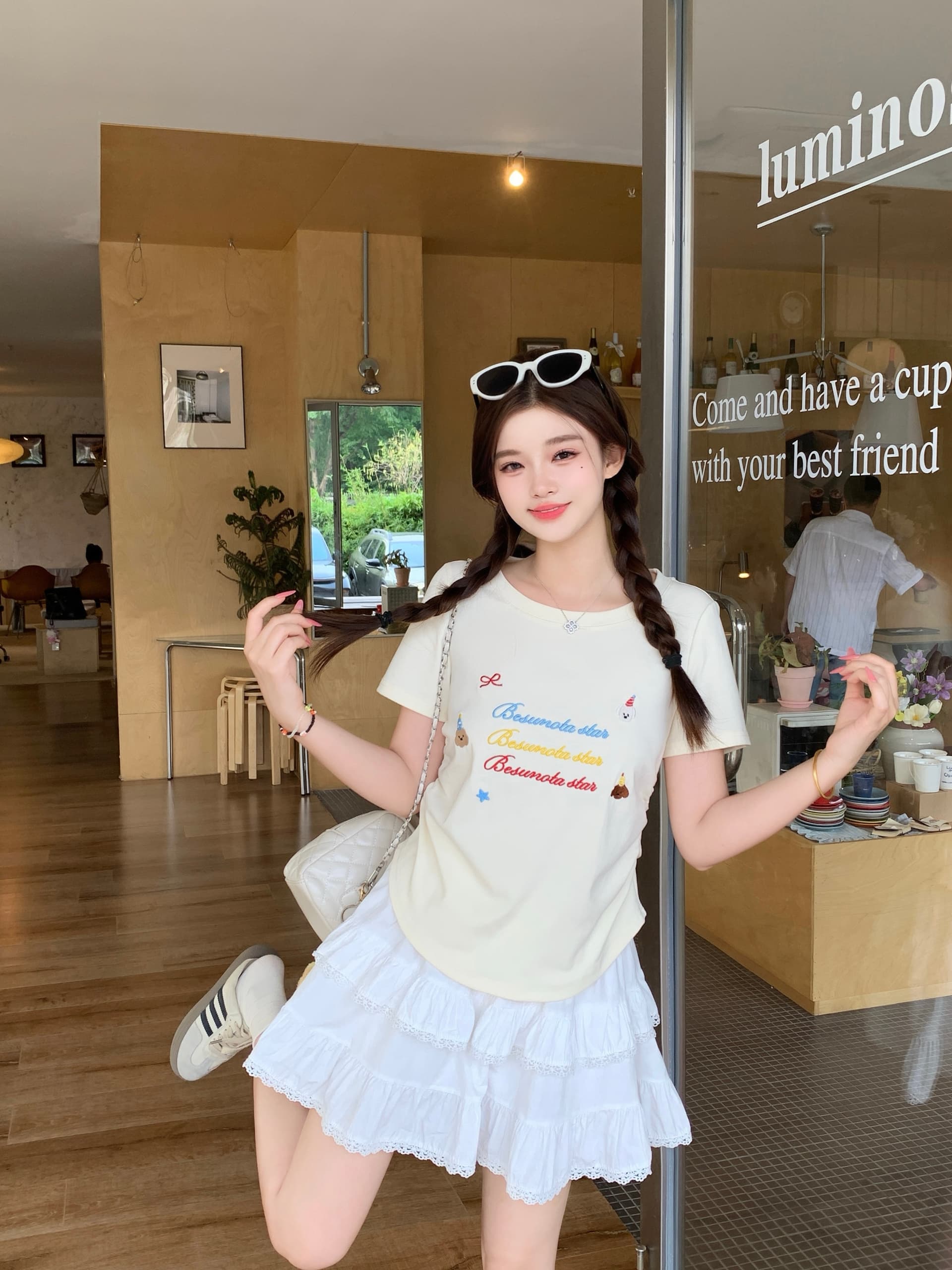 실사 2026 여름 새로운 지방 mm 빅 사이즈 알파벳 강아지 자수 반팔 티셔츠 허리 수축 주름 핫걸 맨위 상세 이미지 23