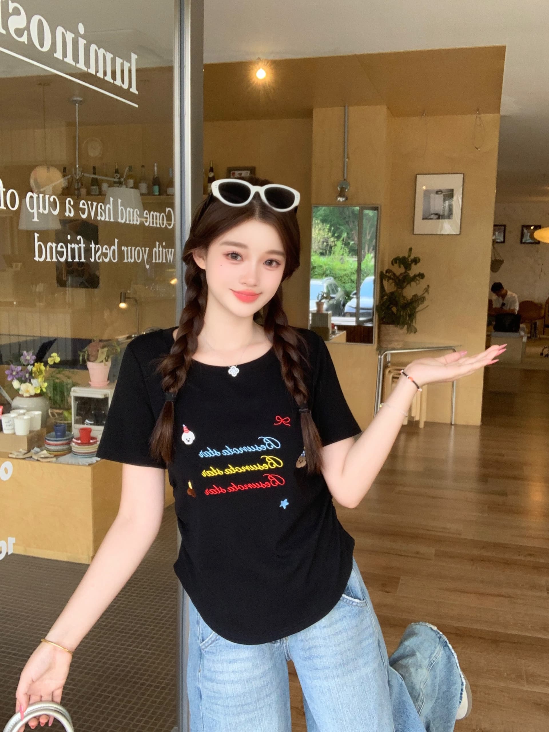 실사 2026 여름 새로운 지방 mm 빅 사이즈 알파벳 강아지 자수 반팔 티셔츠 허리 수축 주름 핫걸 맨위 상세 이미지 27