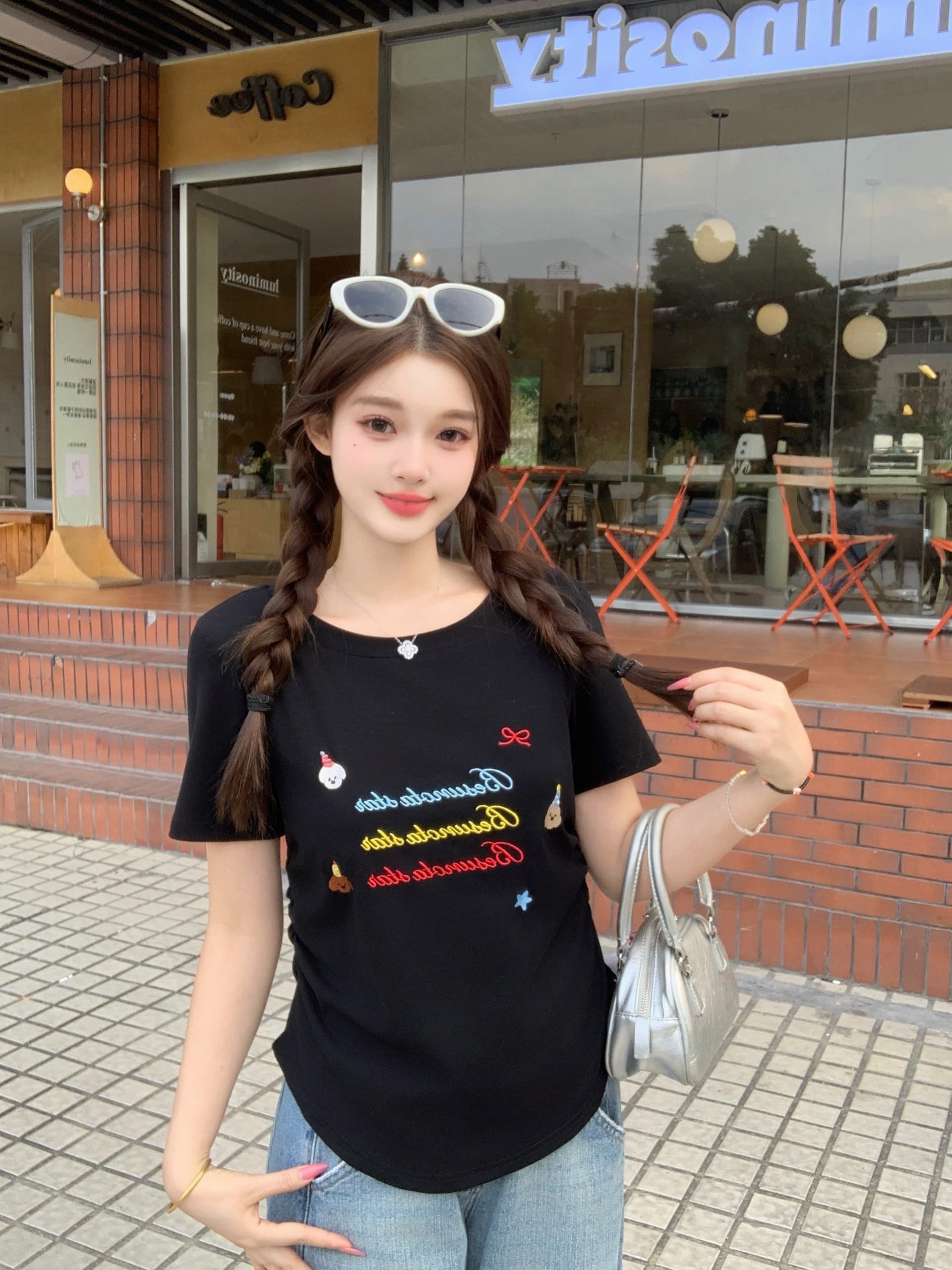 실사 2026 여름 새로운 지방 mm 빅 사이즈 알파벳 강아지 자수 반팔 티셔츠 허리 수축 주름 핫걸 맨위 상세 이미지 32