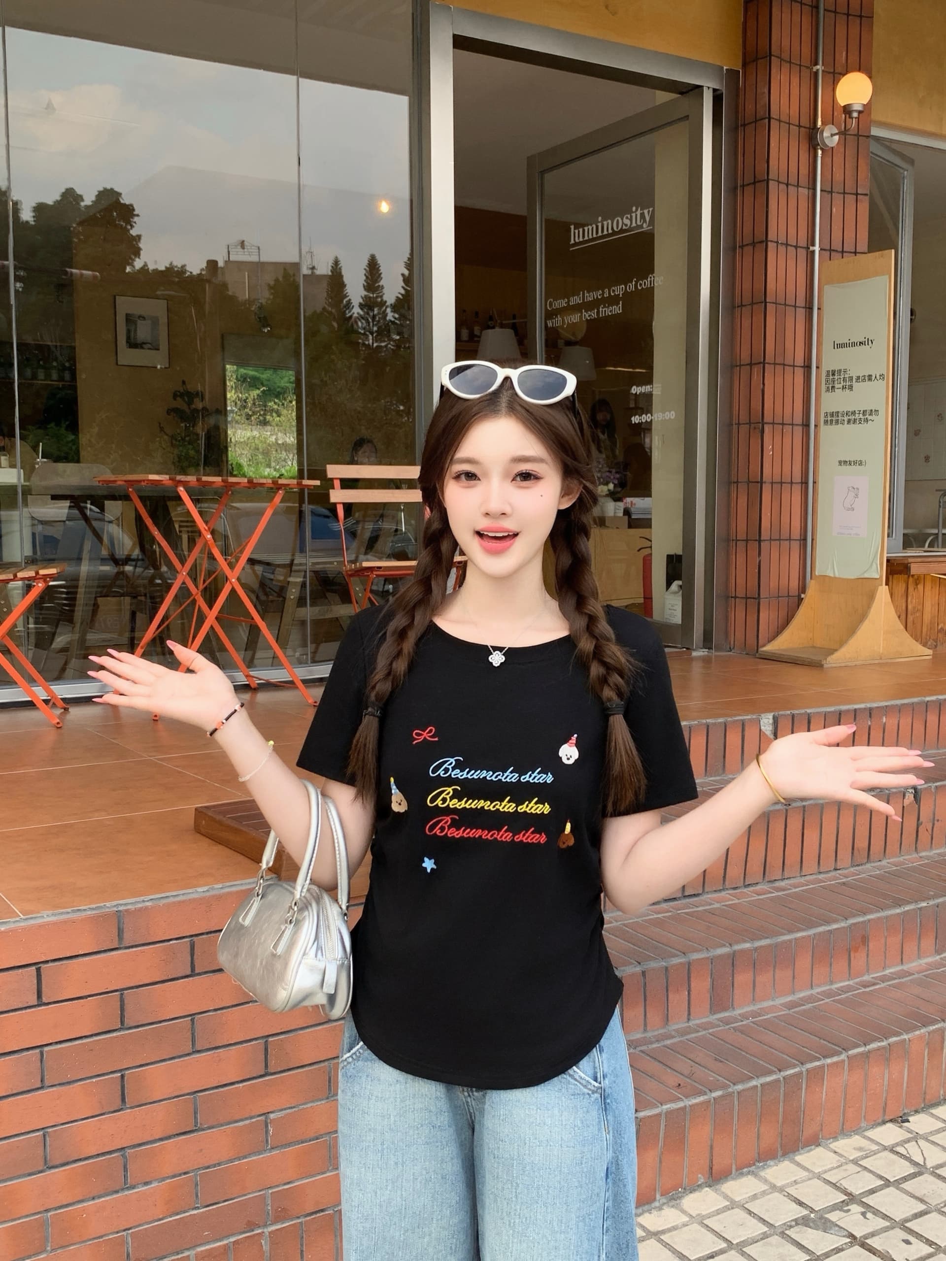 실사 2026 여름 새로운 지방 mm 빅 사이즈 알파벳 강아지 자수 반팔 티셔츠 허리 수축 주름 핫걸 맨위 상세 이미지 33