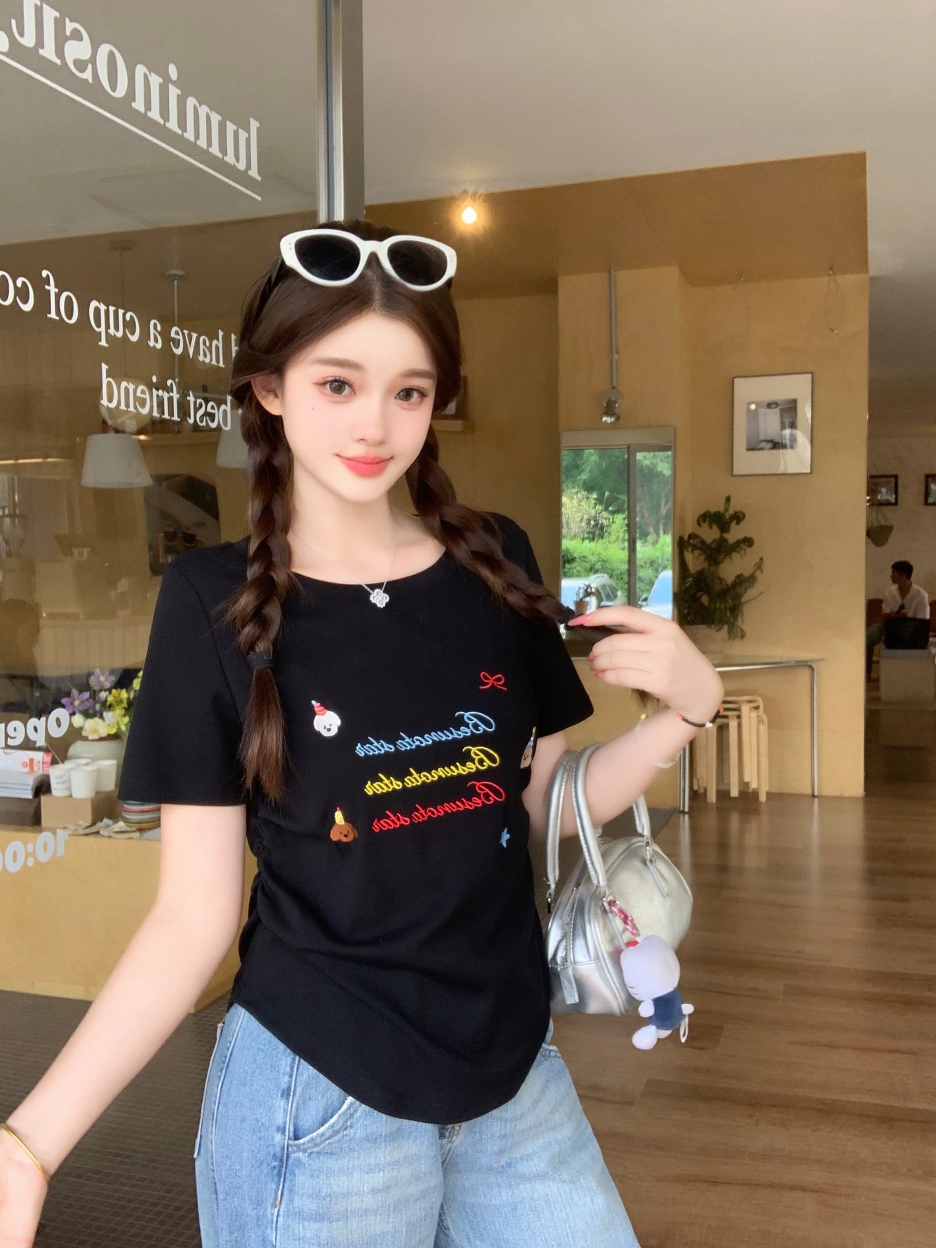 실사 2026 여름 새로운 지방 mm 빅 사이즈 알파벳 강아지 자수 반팔 티셔츠 허리 수축 주름 핫걸 맨위 상세 이미지 34