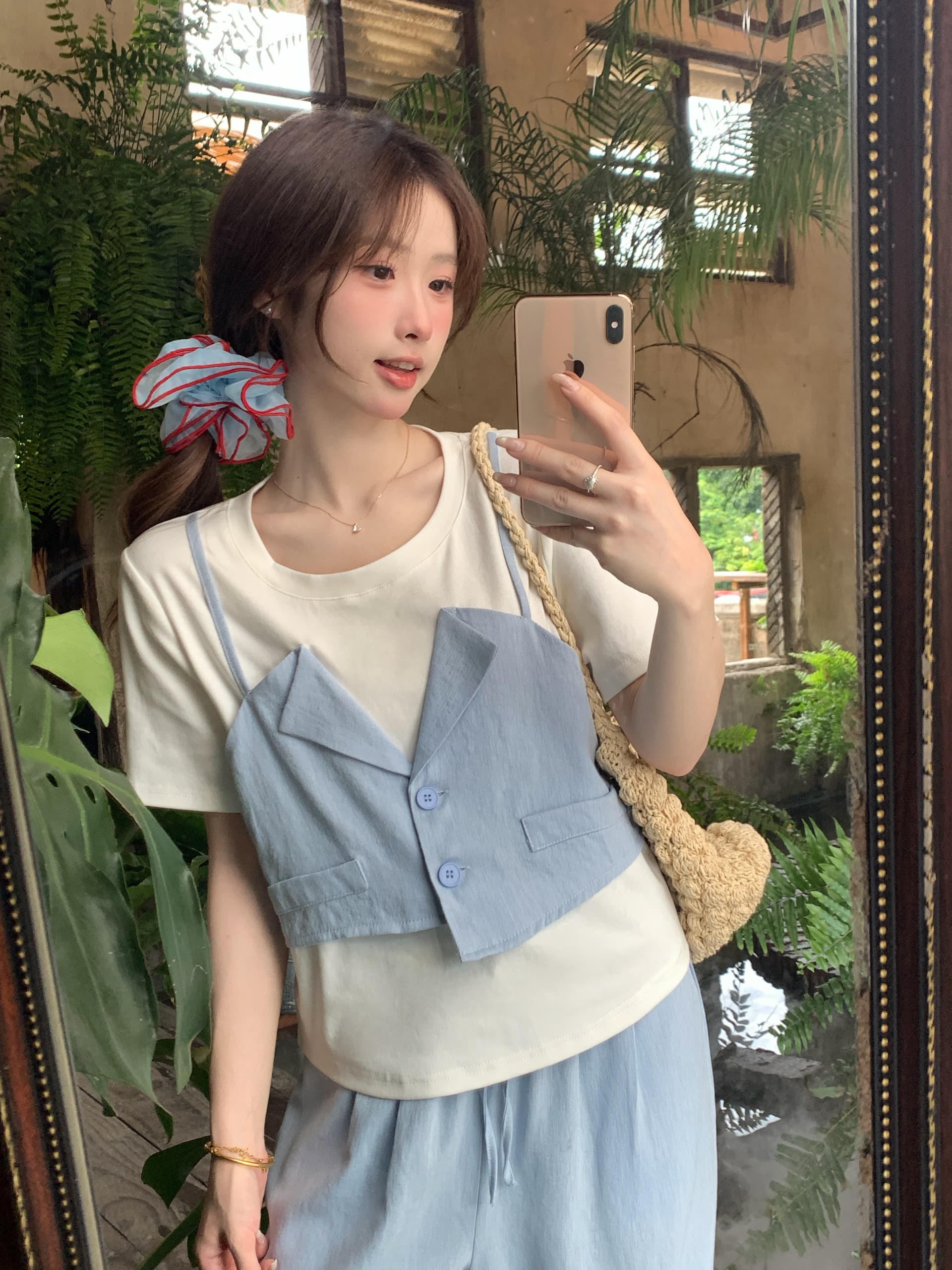 실사 2026 여름 빅 사이즈 페이크 레이어드 슬립 티셔츠 세트 여성 표지 고기 슬림해 보이는 캐주얼 와이드 레그 팬츠 투피스 세트 상세 이미지 11