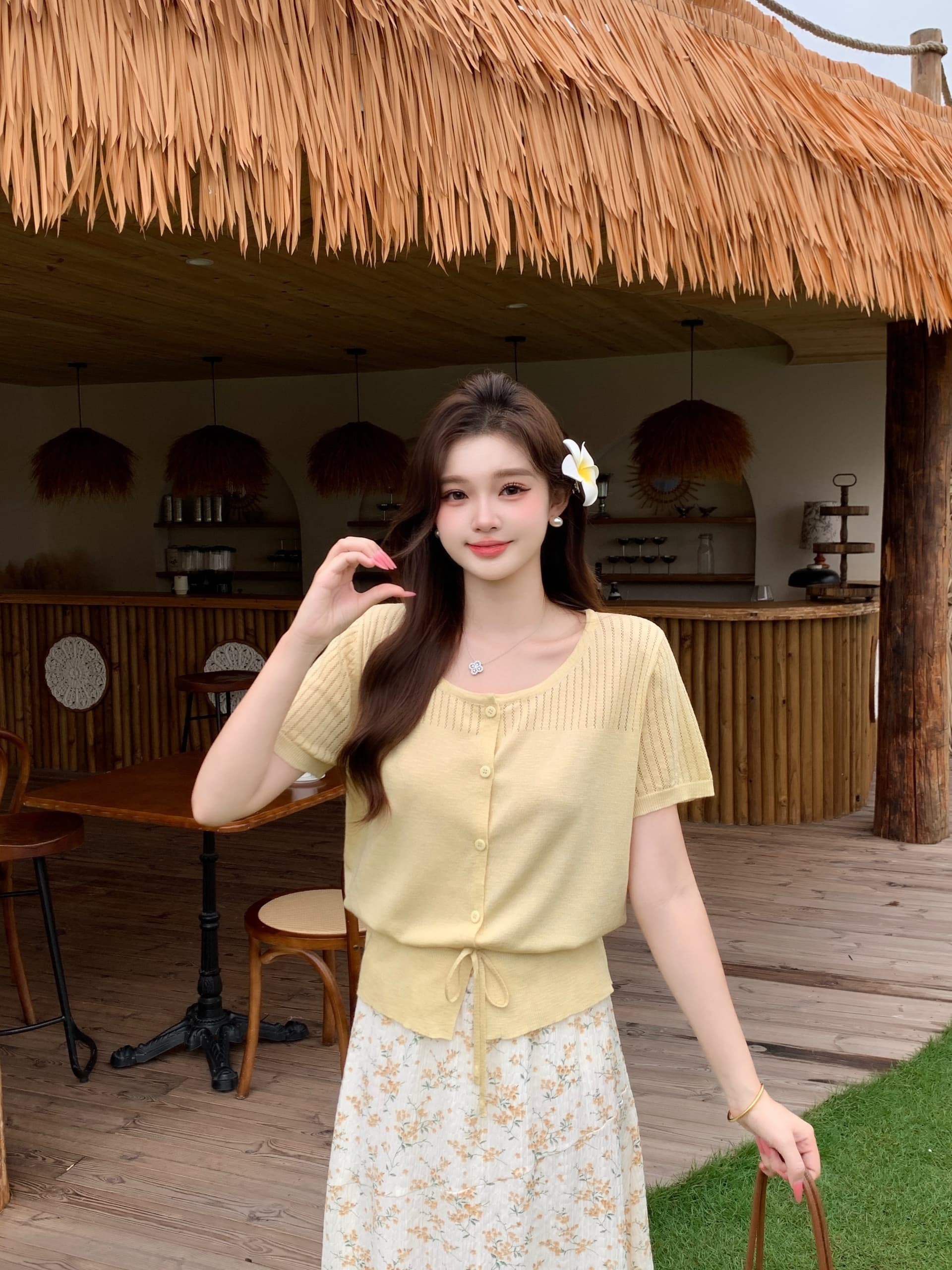 실사 2026 여름 새로운 지방 mm 빅 사이즈 허리 수축 레이스업 반팔 니트 오픈 가디건 꽃무늬 반신 스커트 투피스 세트 상세 이미지 6